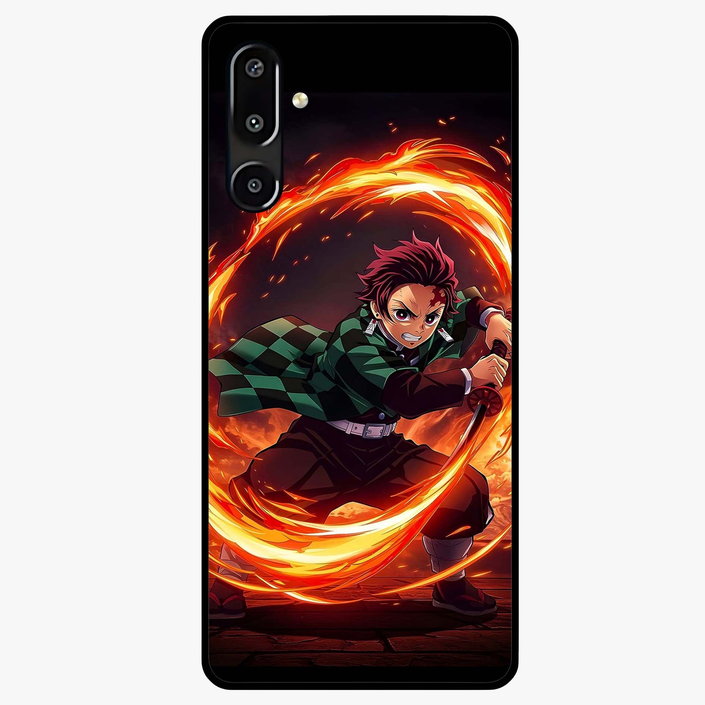 Blazing Sword Resolve Glass Case showing flat back view with fiery sword artwork and glossy glass finish.