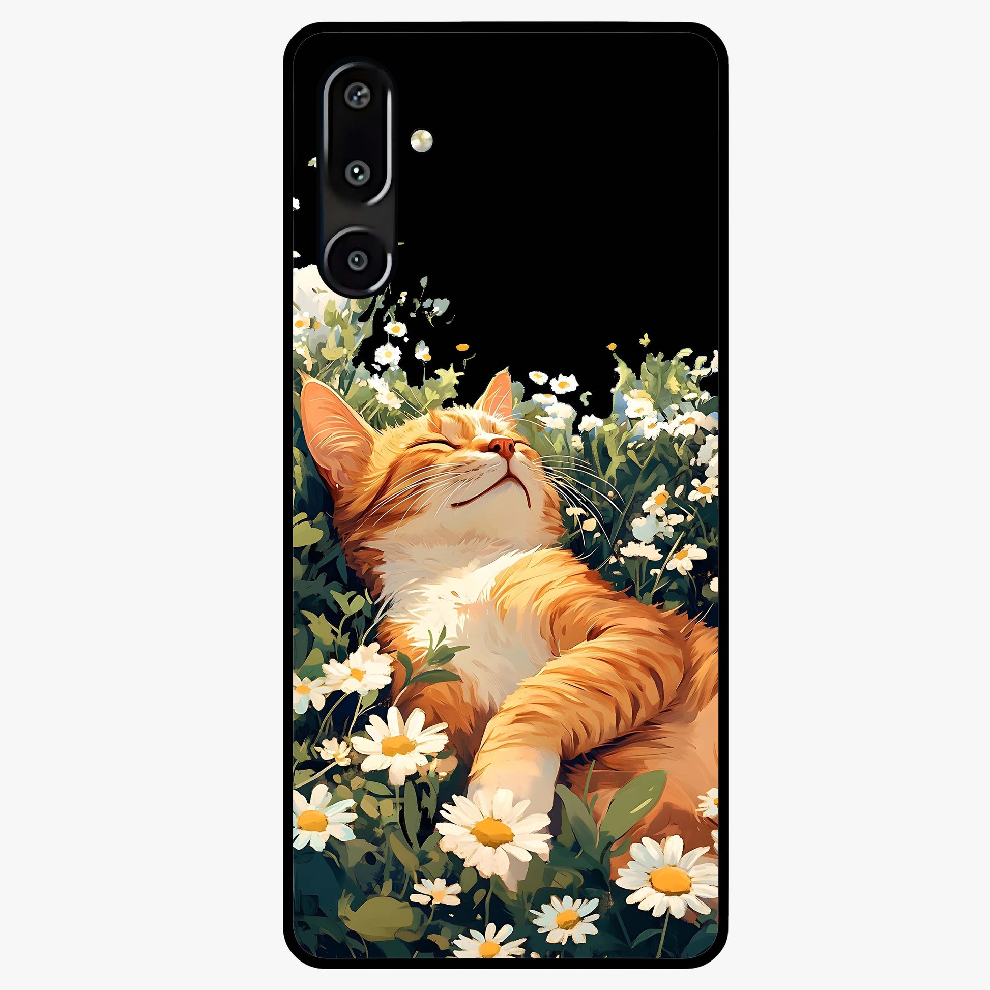 Blissful Bloom Cat Glass Case showing flat back view with cute cat and floral bloom artwork and glossy glass finish.