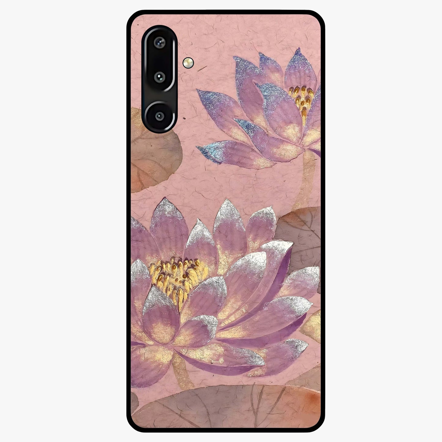 Blossom Mist Lotus Glass Case showing flat back view with serene lotus blossom artwork and glossy glass finish.