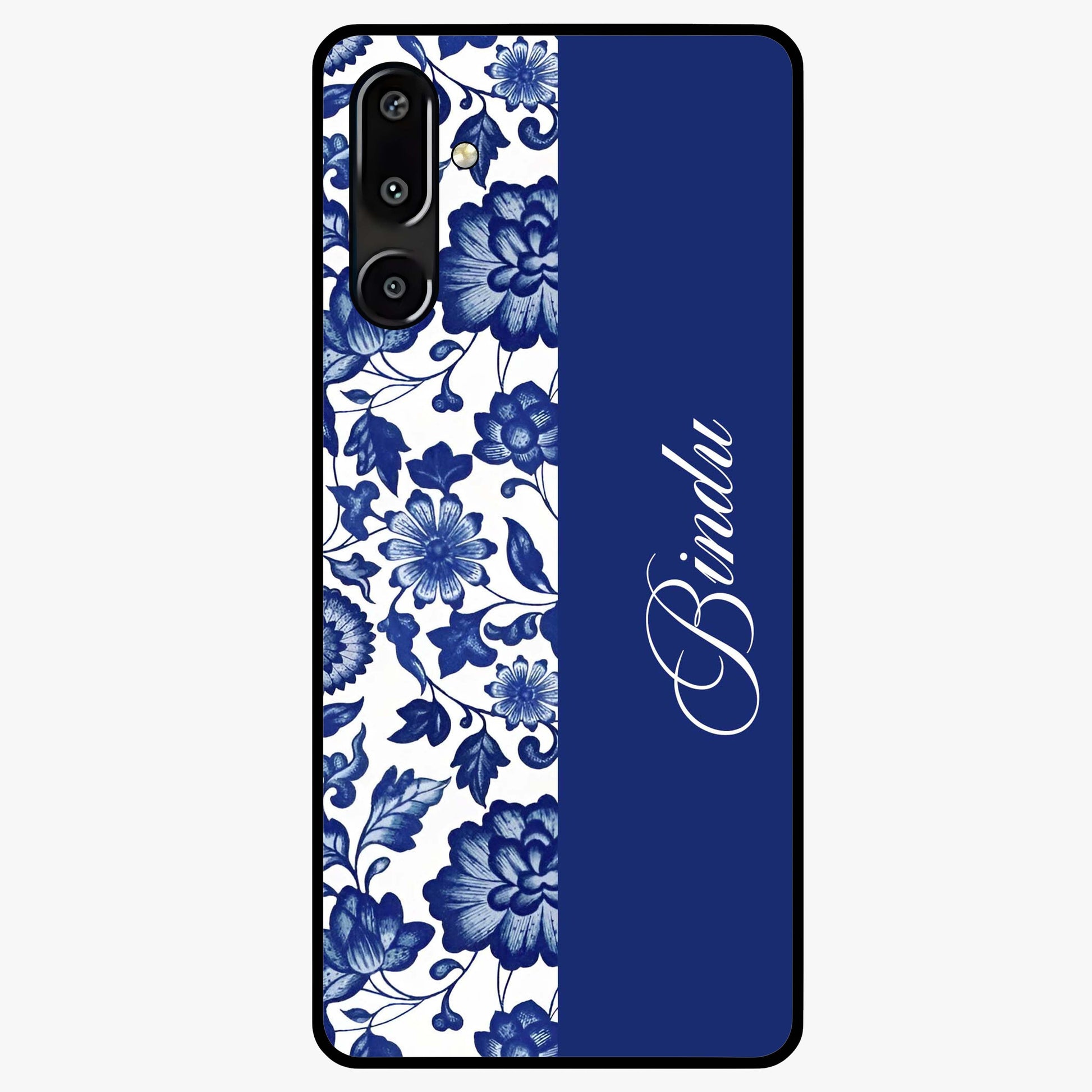 Blue Vintage Floral Pattern Glass Case upright view showcasing timeless floral illustration with vintage inspired style.