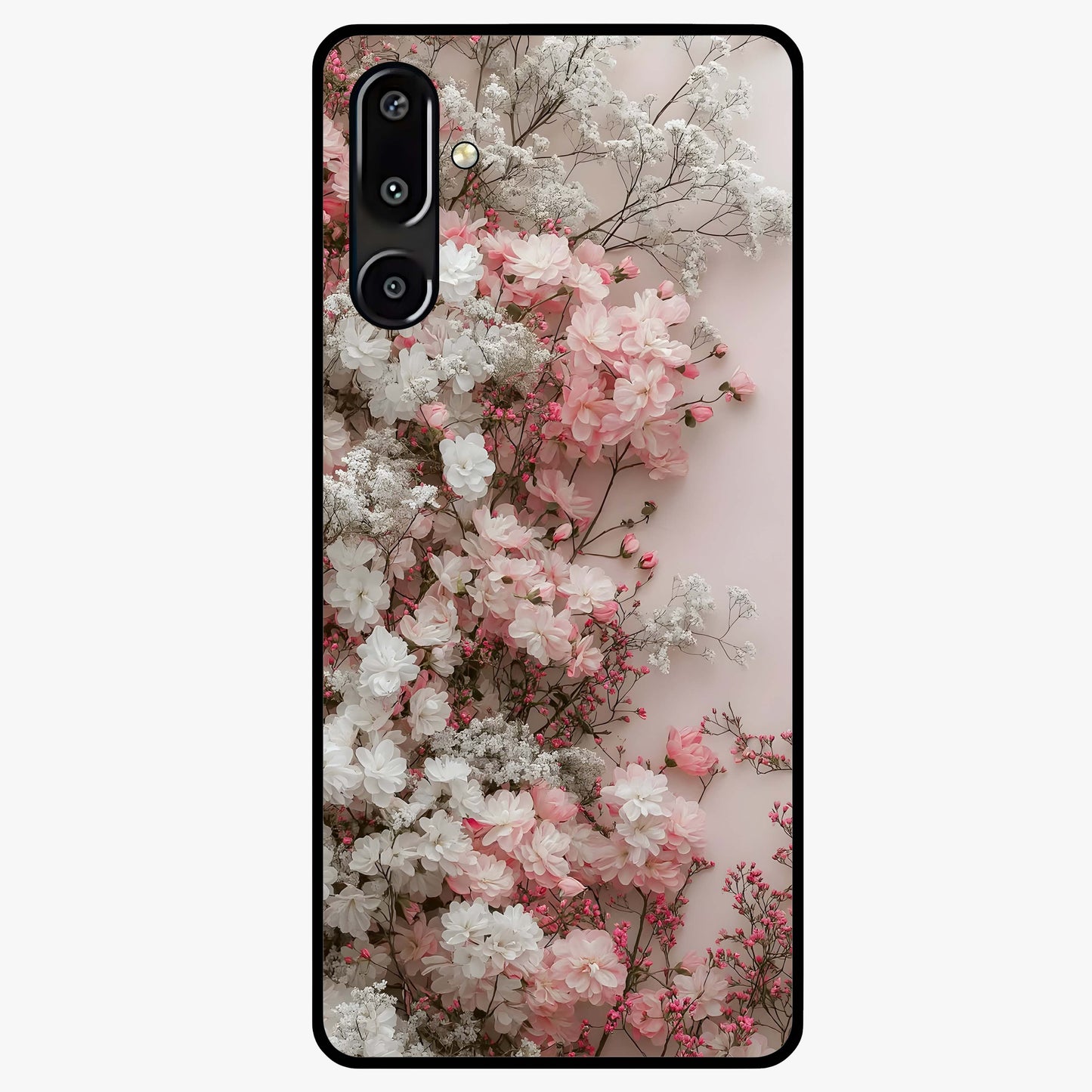 Blush Blossom Cloud Glass Case showing flat back view with dreamy blush cloud blossom artwork and glossy glass finish.