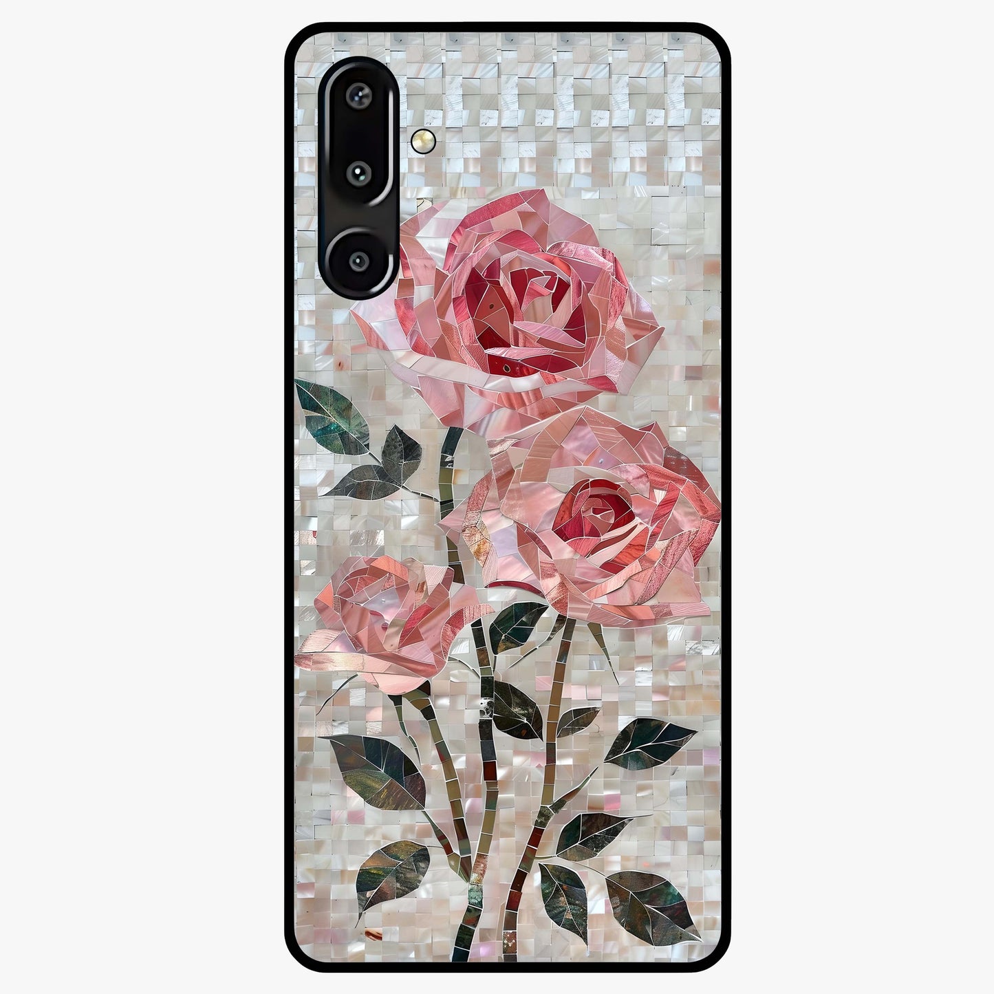 Blush Mosaic Bloom Glass Case showing flat back view with mosaic floral bloom artwork and glossy glass finish.