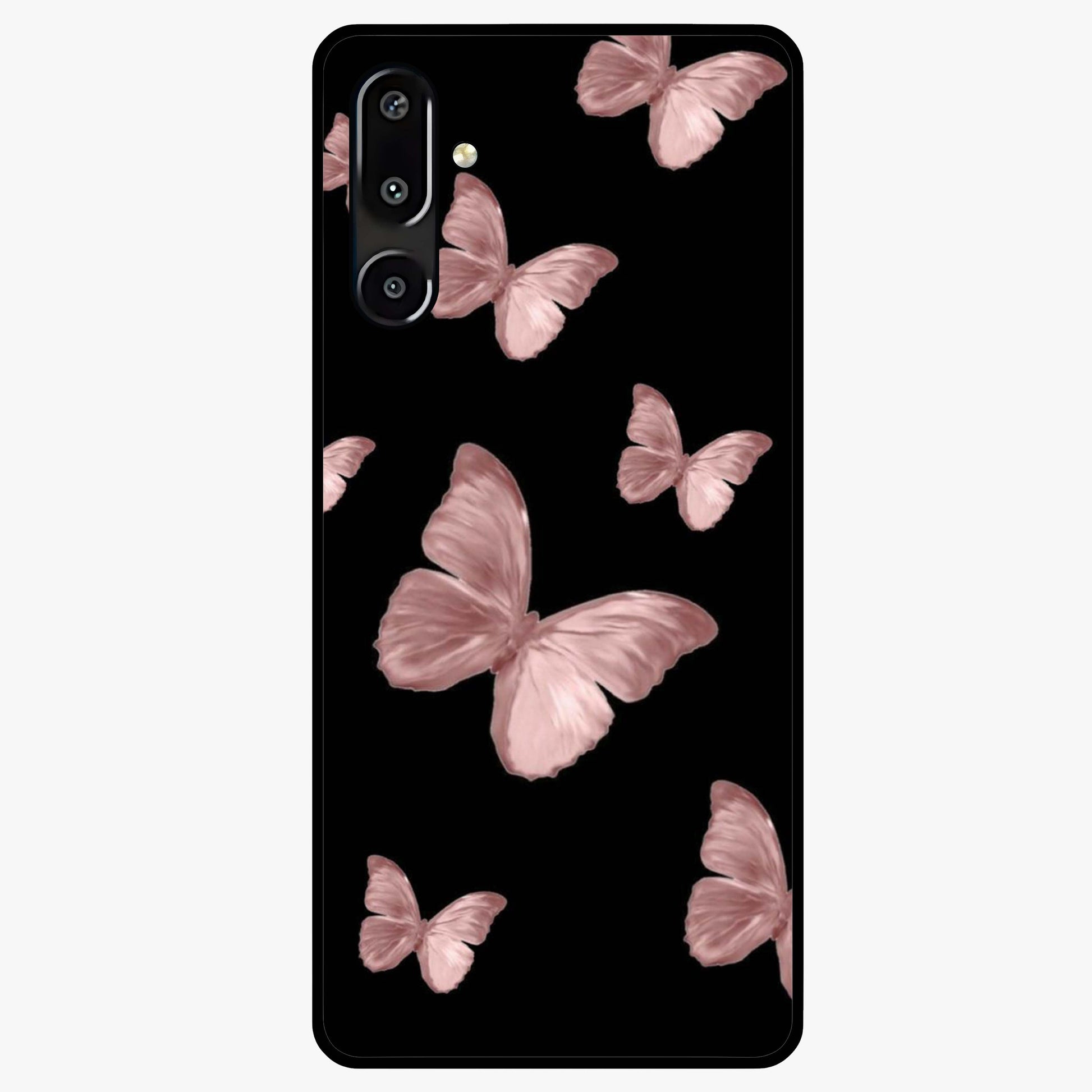 Butterfly Pattern Glass Case showing flat back view with elegant butterfly pattern artwork and glossy glass finish.
