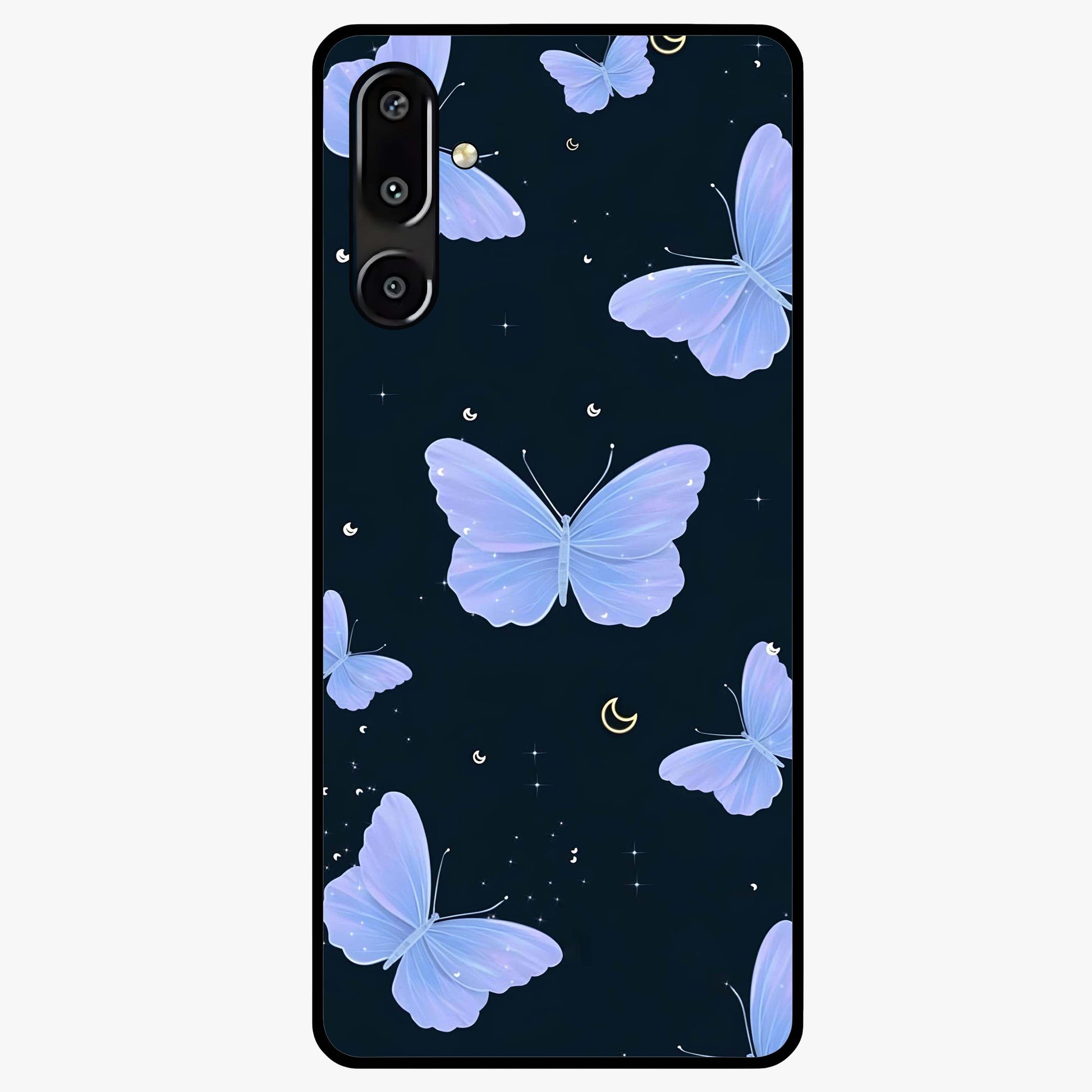 Butterfly With Stars Pattern Glass Case showing flat back view with butterfly and star pattern artwork and glossy glass finish.