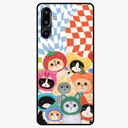 Cats in Fruits Glass Case showing flat back view with playful cat illustrations inside fruit artwork and glossy glass finish.