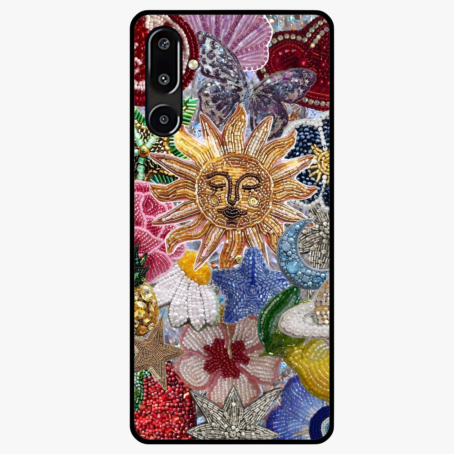 Celestial Floral and Playful Glass Case showing flat back view with floral and celestial themed artwork and glossy glass finish.