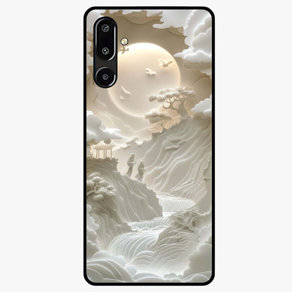 Celestial Origami Glass Case showing flat back view with artistic origami inspired celestial artwork and glossy glass finish.