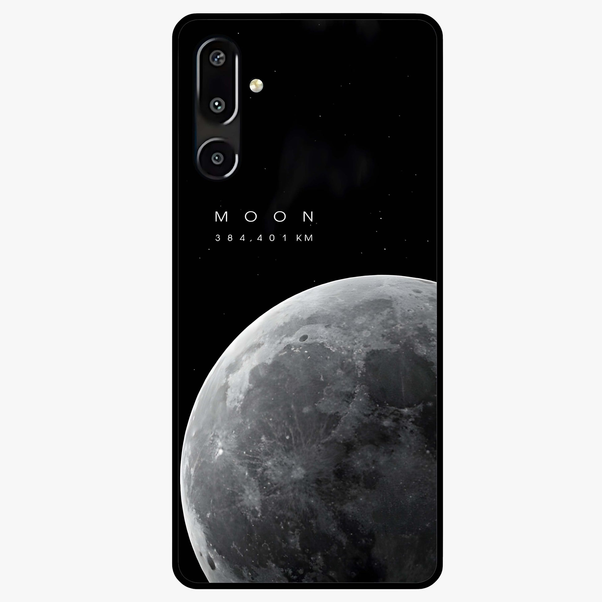 Cosmic Moon Glow Glass Case showing flat back view with glowing moon artwork and glossy glass finish.