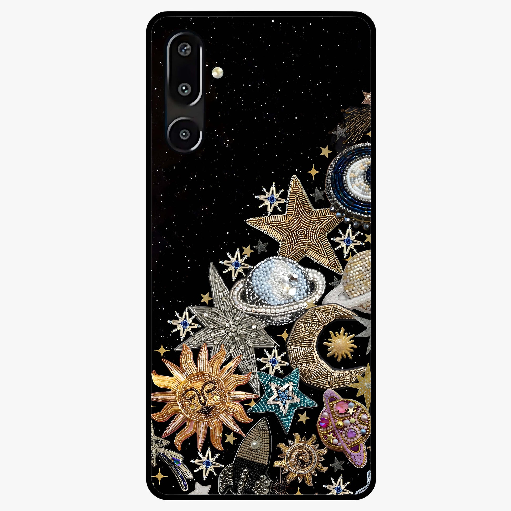 Cosmic Sparkle Dreams Glass Case showing flat back view with sparkling cosmic artwork and glossy glass finish.