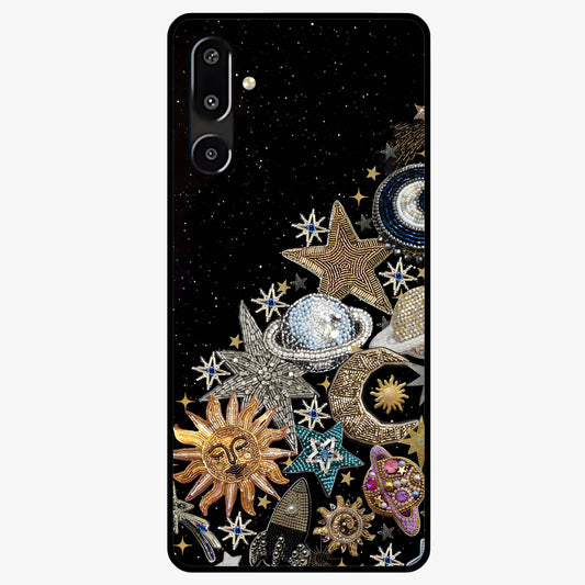 Cosmic Sparkle Dreams Glass Case showing flat back view with sparkling cosmic artwork and glossy glass finish.