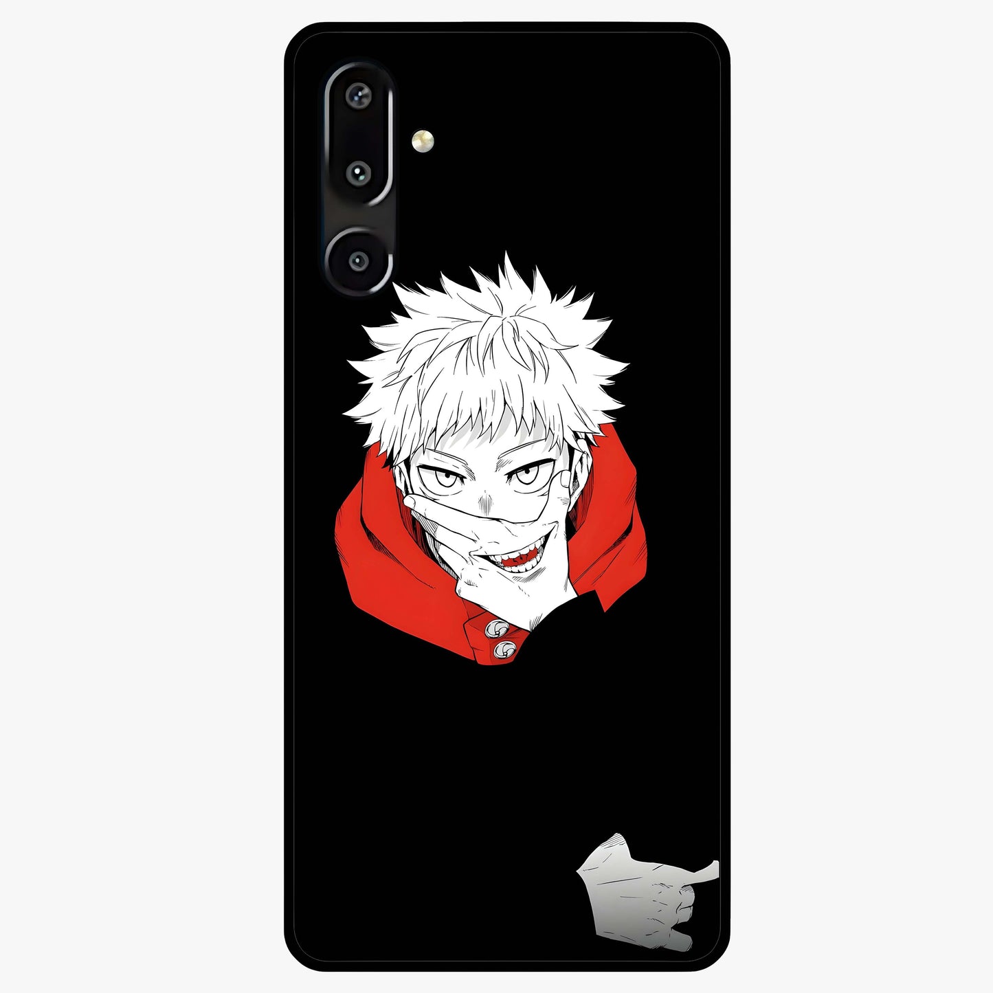 Crimson Chaos Smile Glass Case showing flat back view with bold chaotic smile artwork and glossy glass finish.