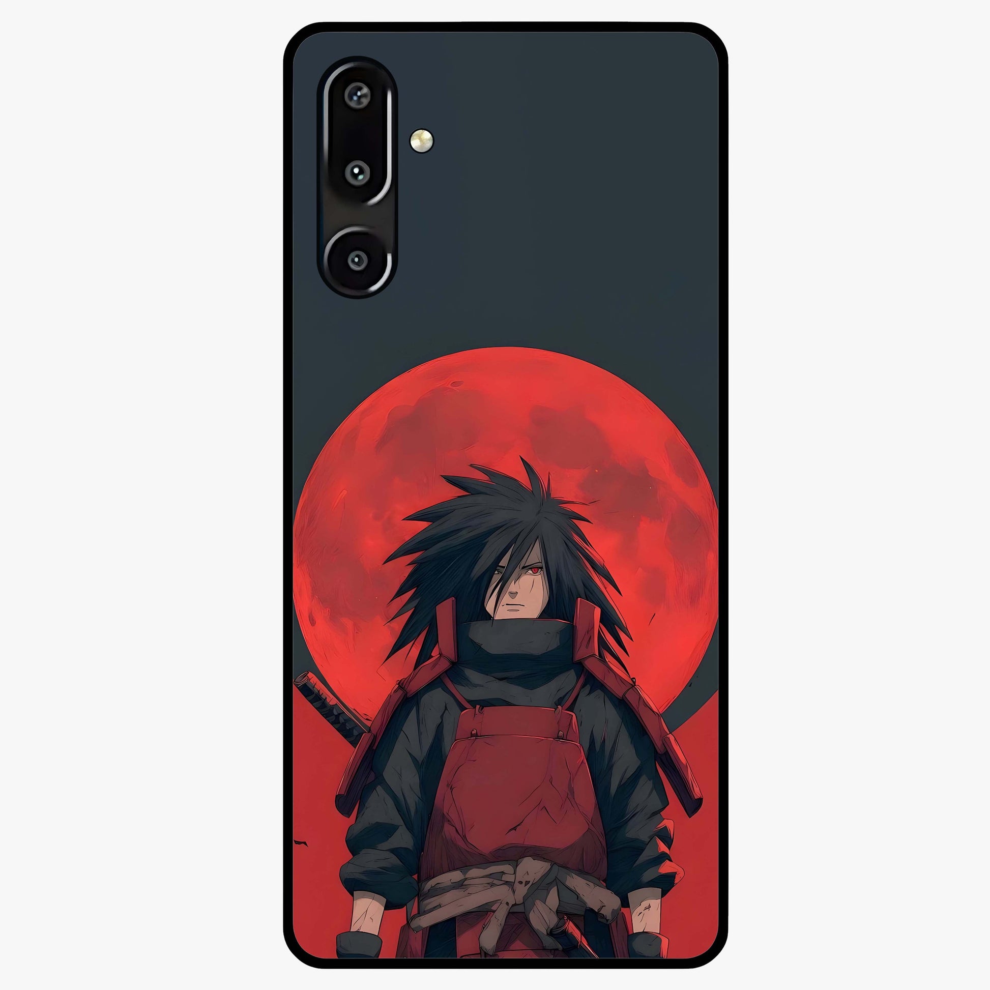 Crimson Moon Warlord Glass Case showing flat back view with mystical moon warrior artwork and glossy glass finish.