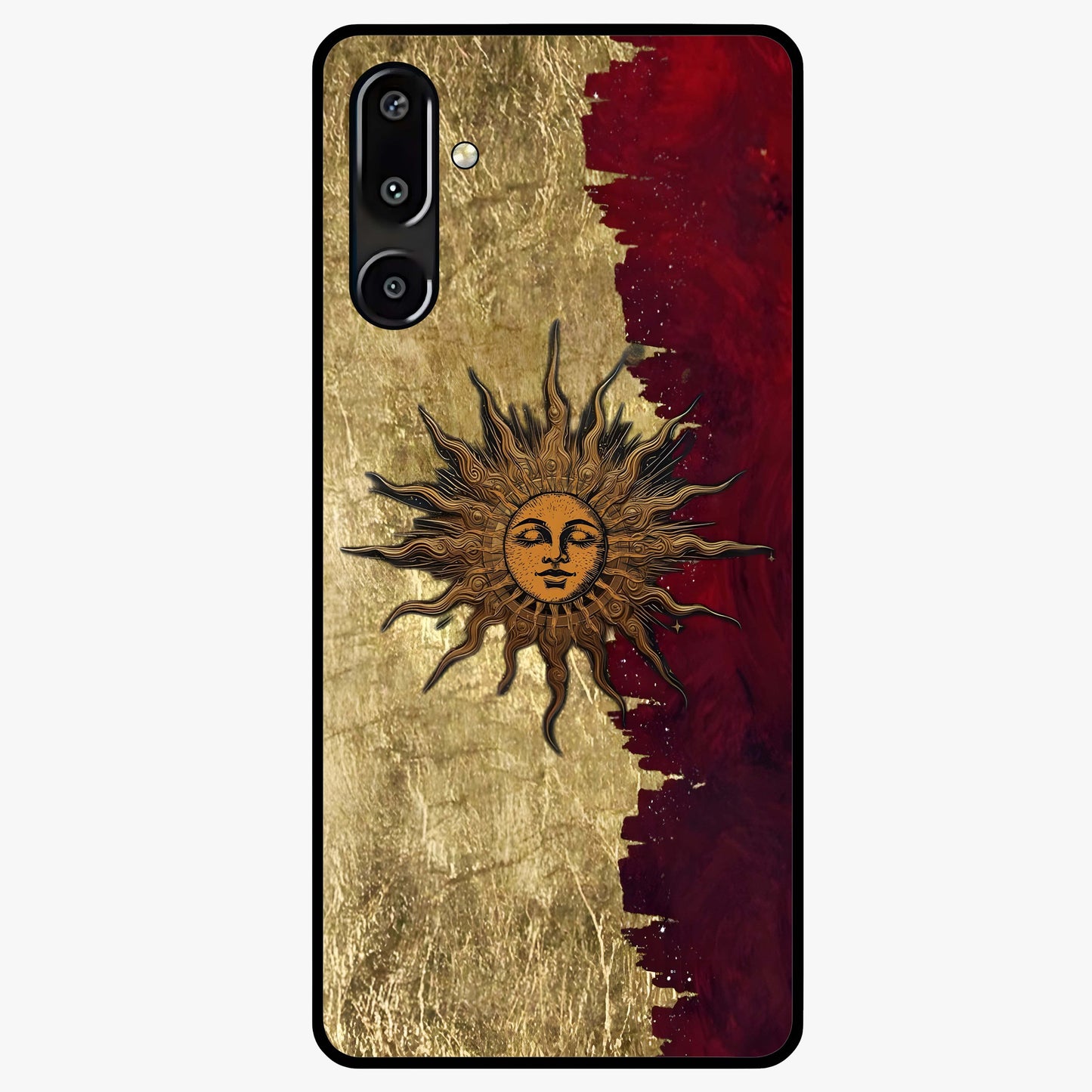 Crimson Sun Majesty Glass Case showing flat back view with radiant sun inspired artwork and glossy glass finish.