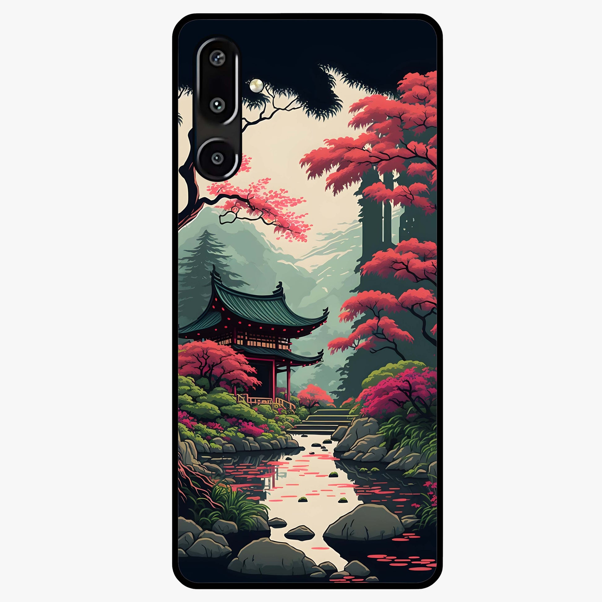 Crimson Temple View Glass Case showing flat back view with temple inspired artwork and glossy glass finish.