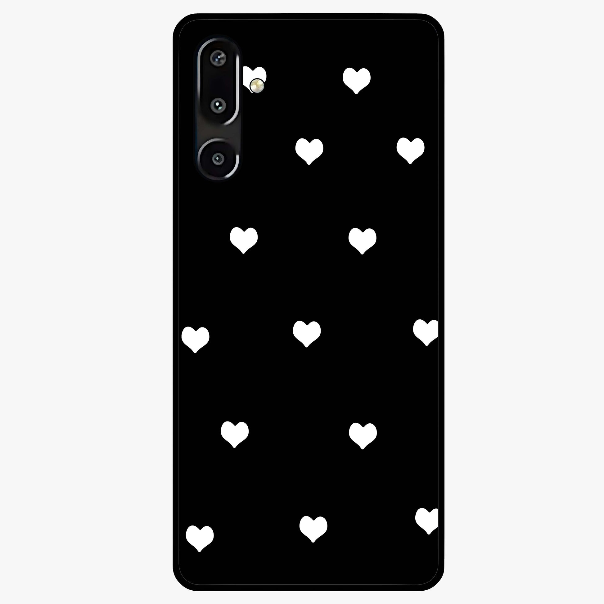 Cute And Simple White Hearts Glass Case showing flat back view with minimal white heart pattern and glossy glass finish.