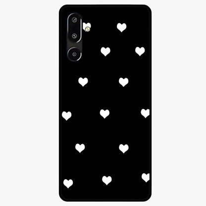 Cute And Simple White Hearts Glass Case showing flat back view with minimal white heart pattern and glossy glass finish.