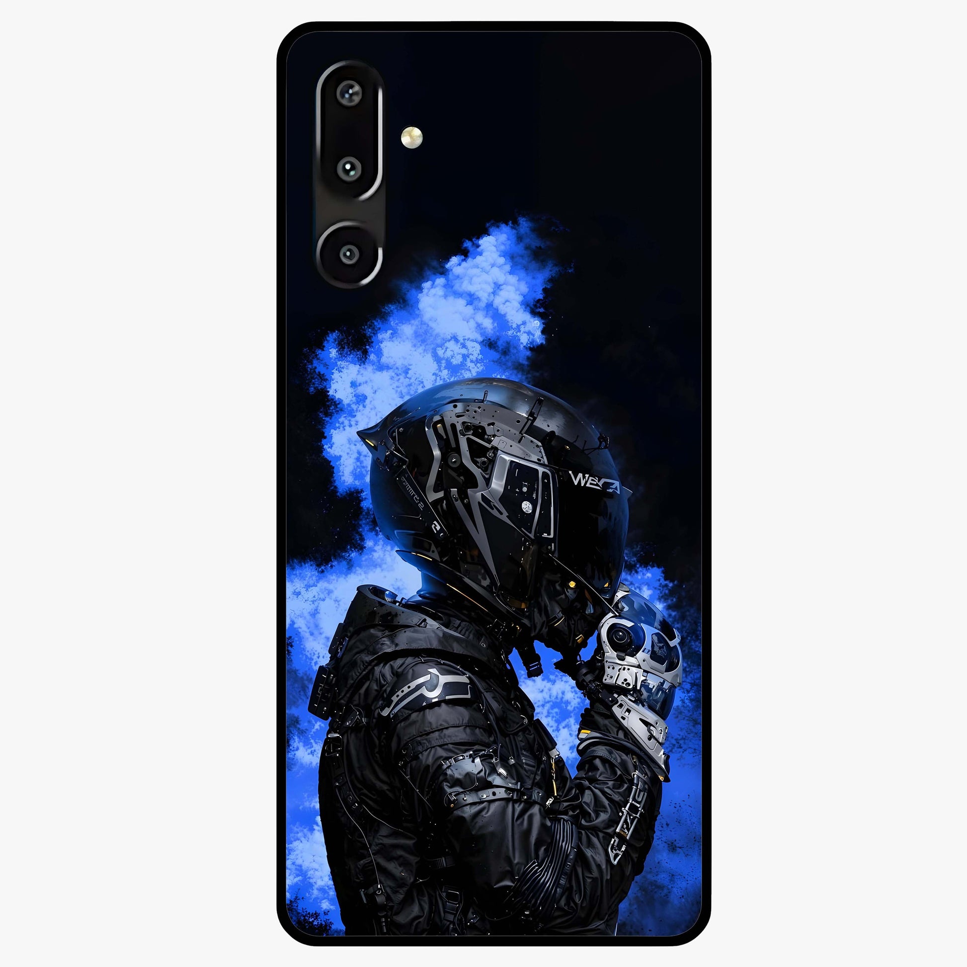 Cyber Sentinel Protocol Glass Case showing flat back view with futuristic cyber themed artwork and glossy glass finish.