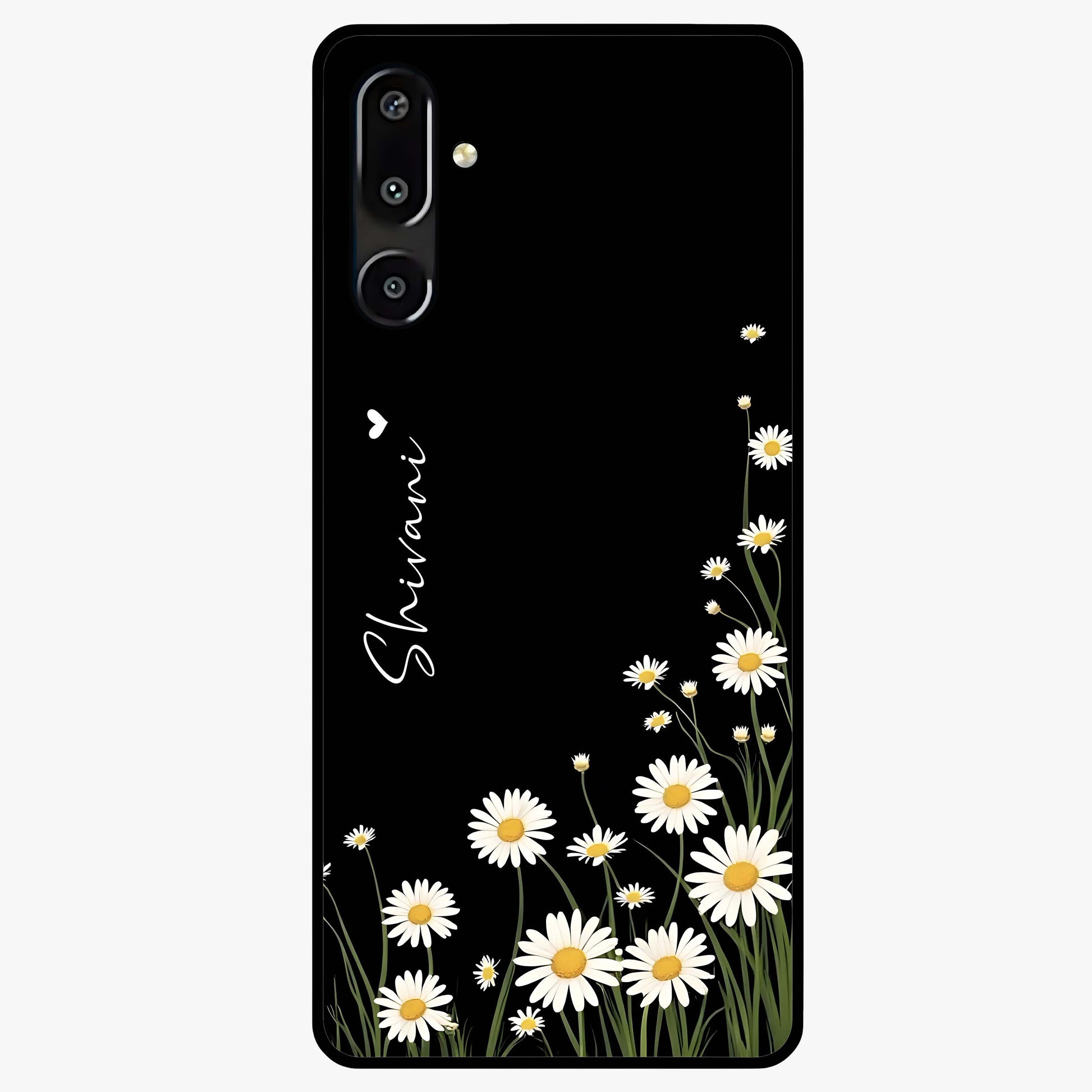 Daisy Cascade Custom Name Glass Case showing flat back view with cascading daisy flowers and personalized name design.