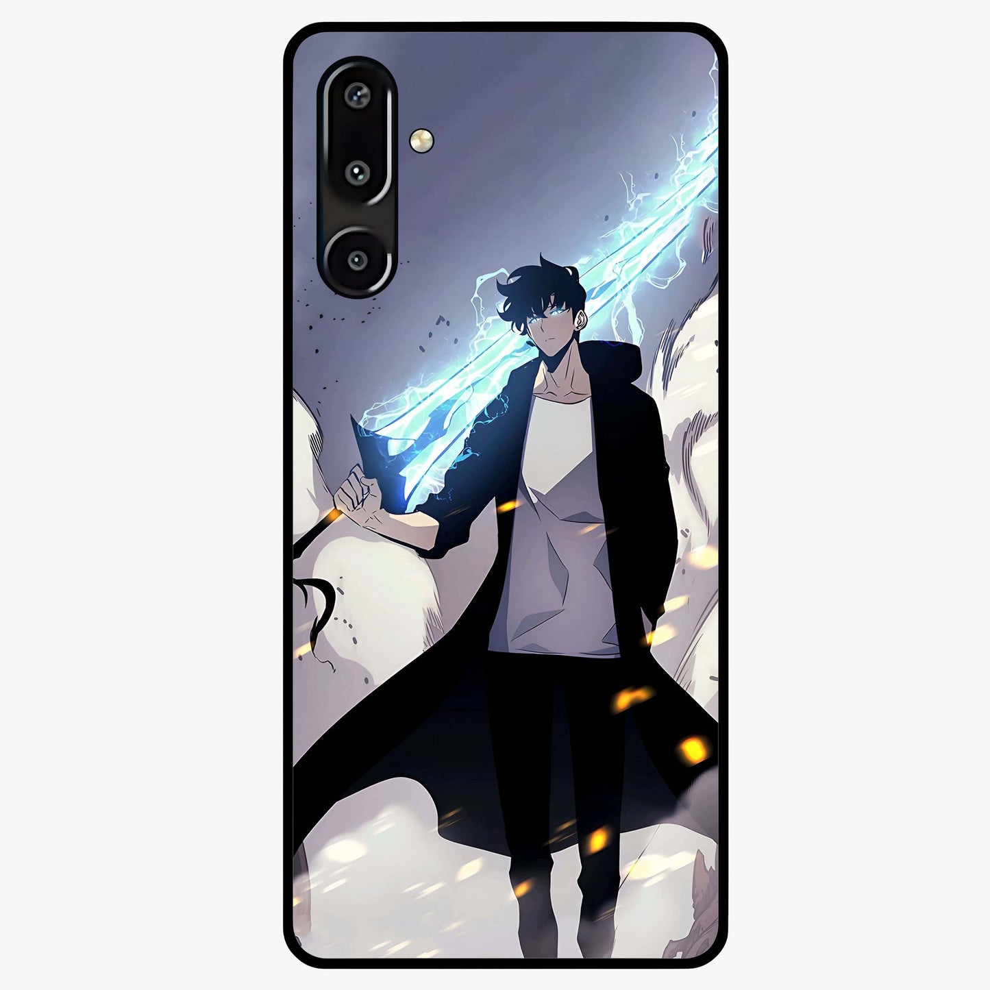 Dark Lightning Anime Warrior Glass Case showing flat back view with intense anime warrior artwork and glossy glass finish.