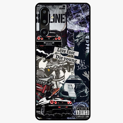 Die Young Glass Case showing flat back view with bold artistic typography design and glossy glass finish.