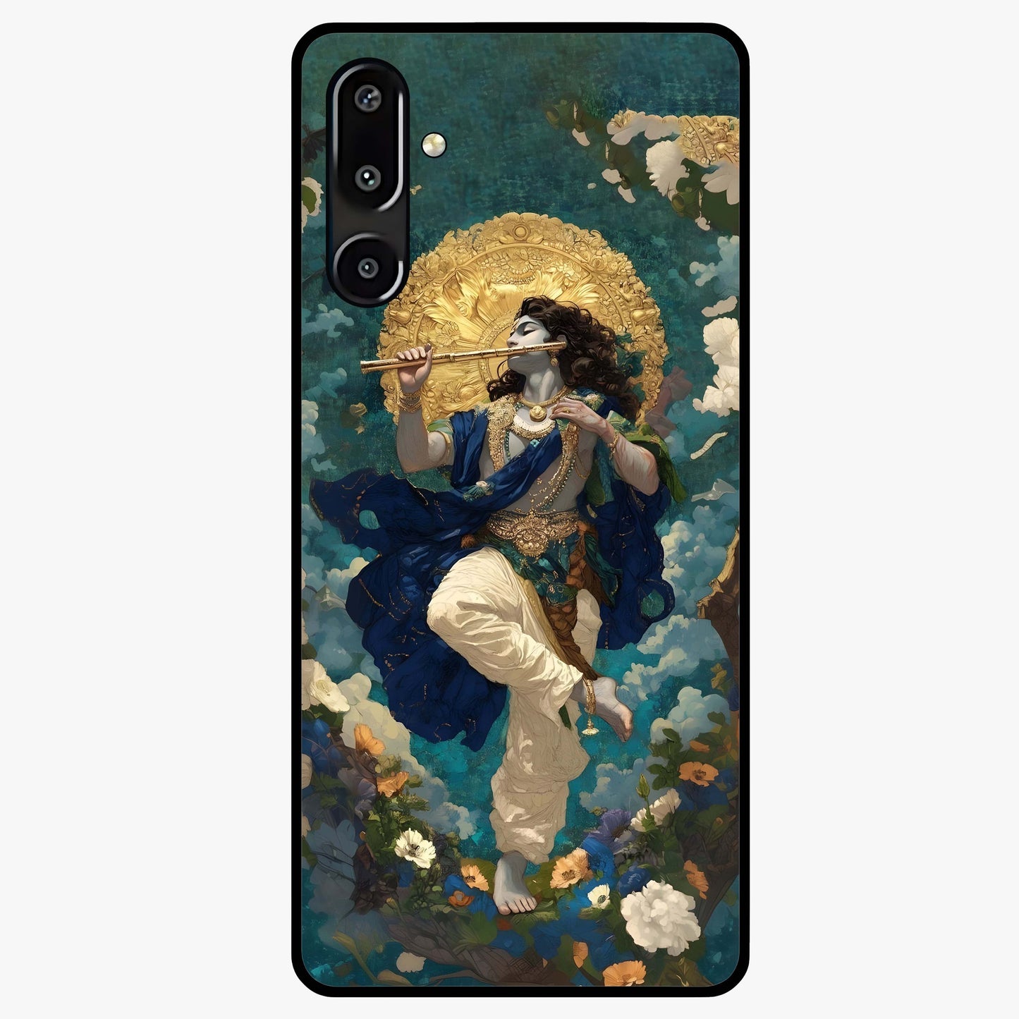 Divine Krishna Art Glass Case showing flat back view with Lord Krishna artwork and glossy glass finish.