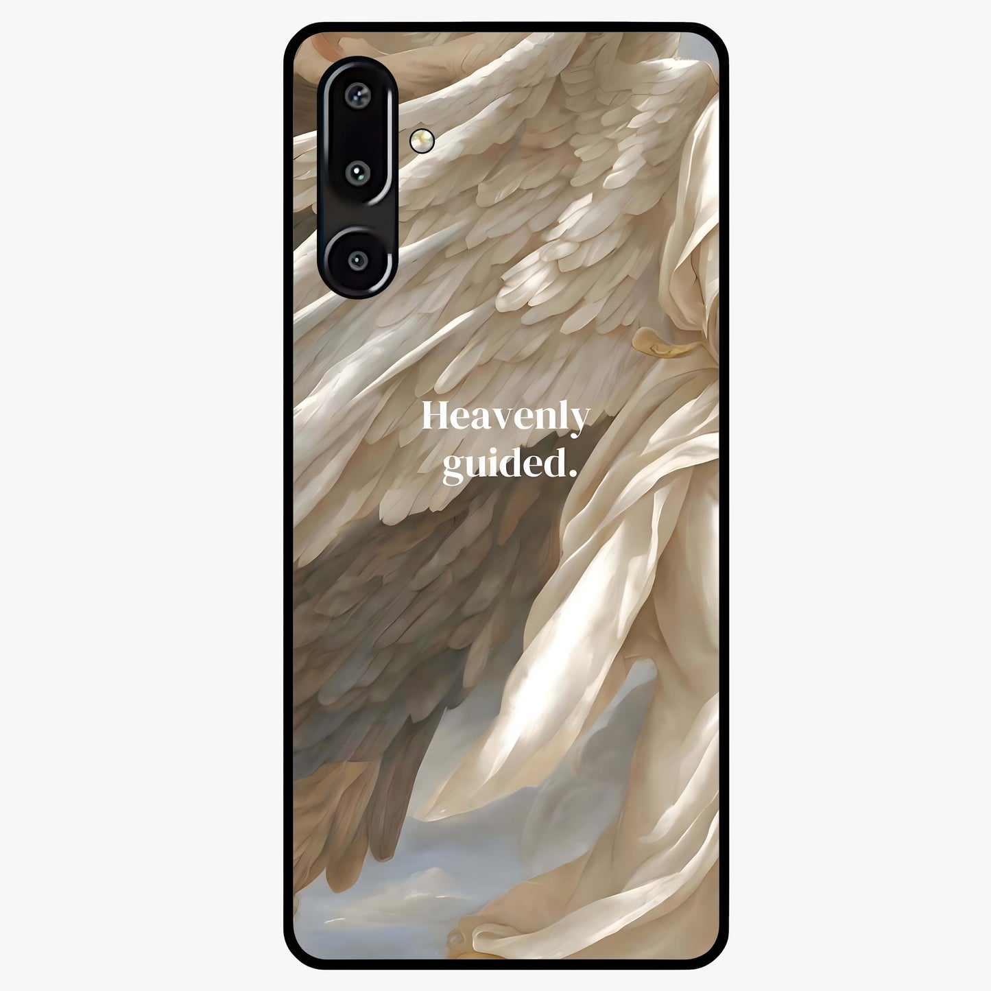 Divine Winged Grace Glass Case showing flat back view with elegant wing inspired artwork and glossy glass finish.