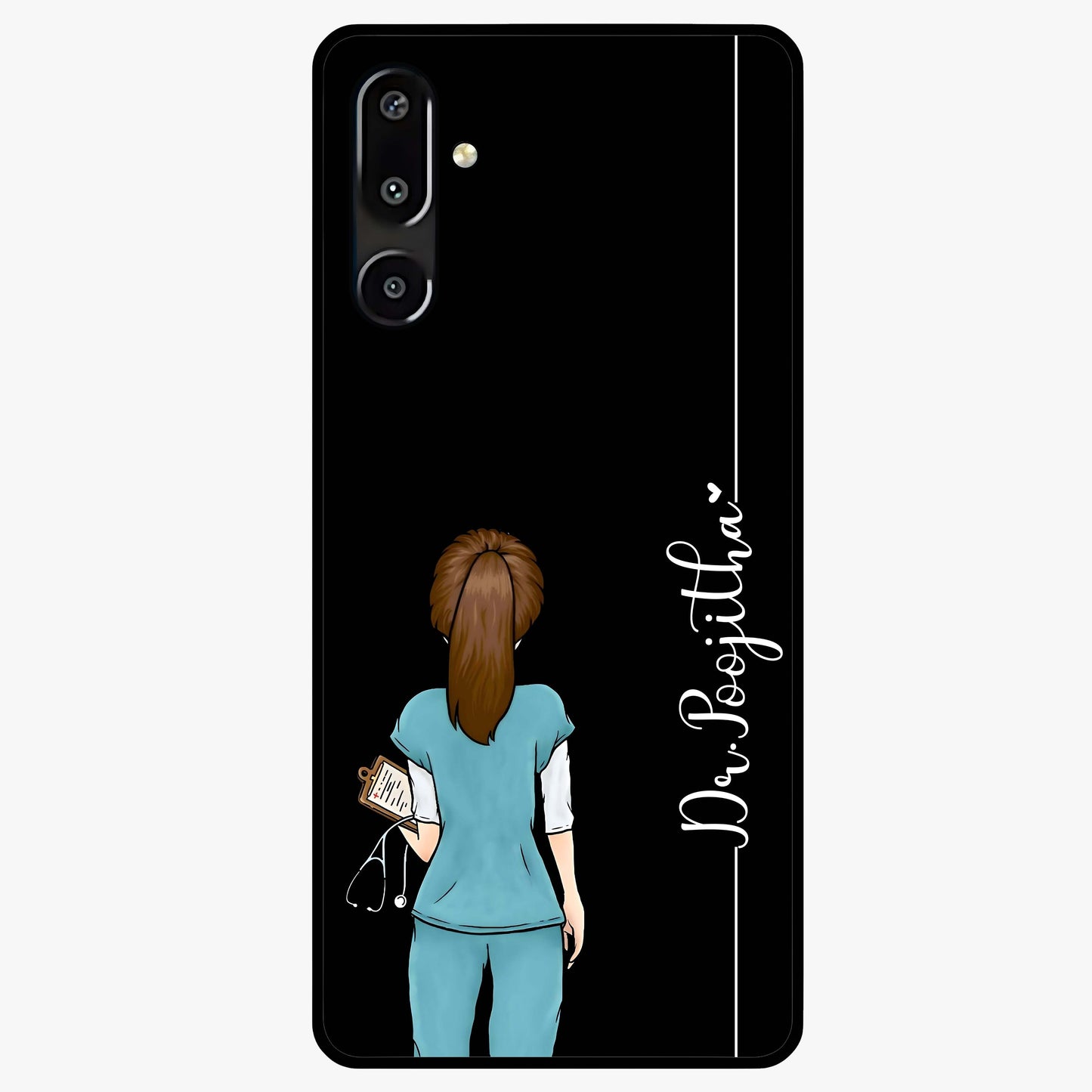 Doctor Pattern Custom Name Glass Case showing flat back view with medical themed pattern and personalized name design.