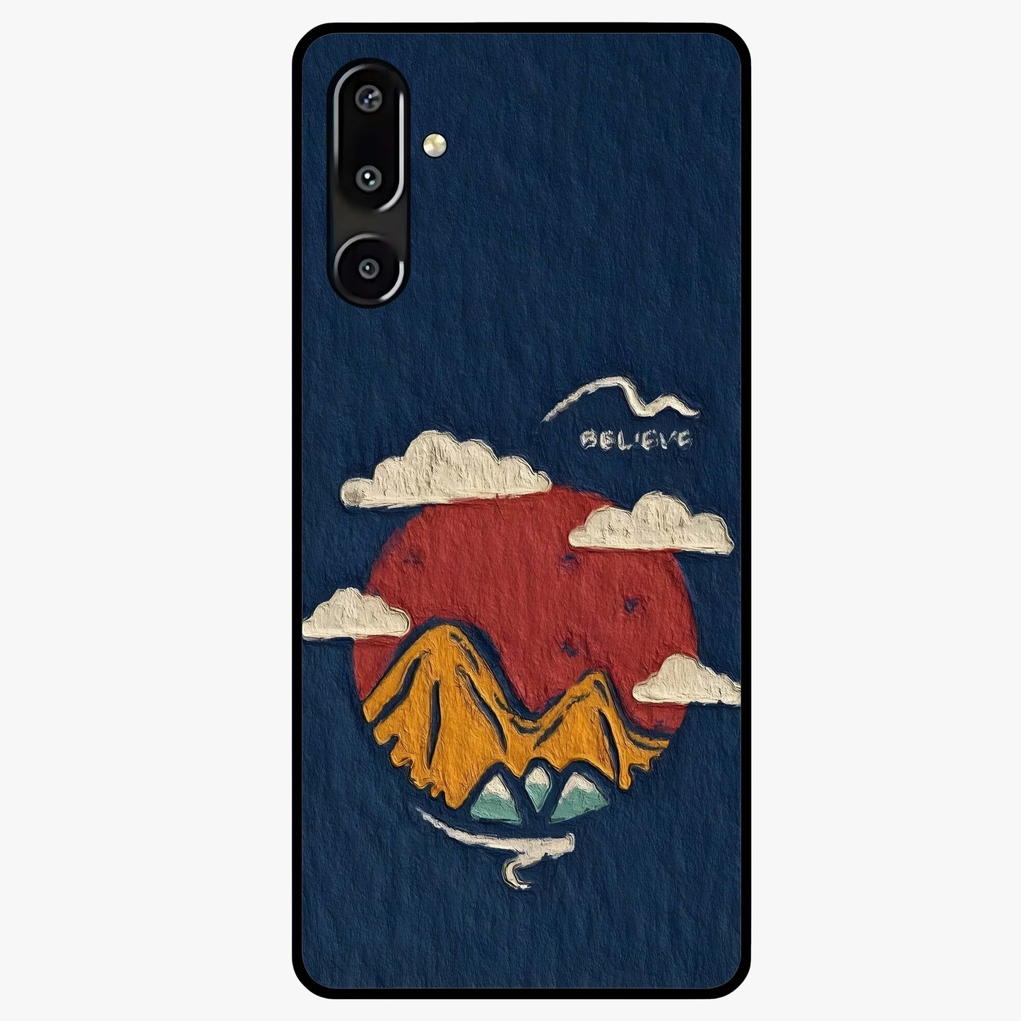 Dream Beyond Mountains Glass Case showing flat back view with scenic mountain landscape artwork and glossy glass finish.