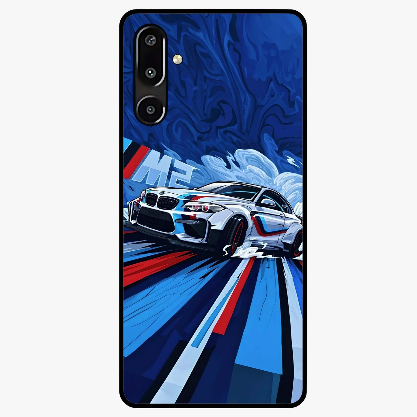 Drift Power Rush Glass Case showing flat back view with dynamic racing inspired artwork and glossy glass finish.