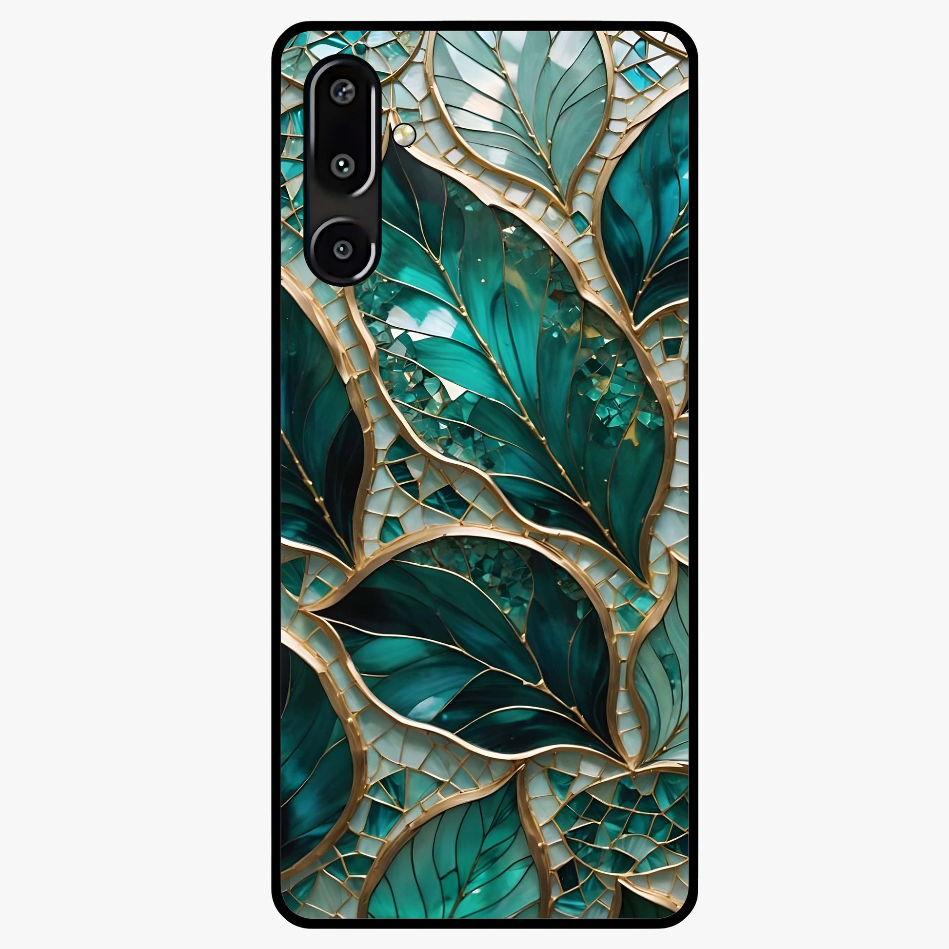 Emerald Leaf Glass Glass Case showing flat back view with emerald green leaf artwork and glossy glass finish.