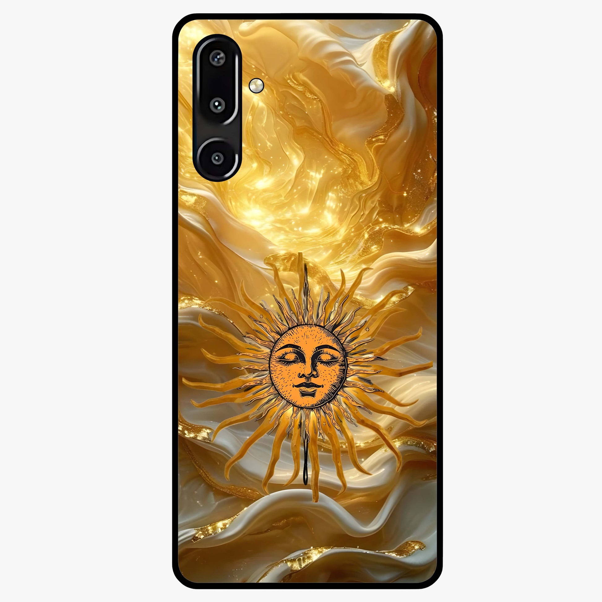 Eternal Golden Glow Glass Case showing flat back view with radiant golden themed artwork and glossy glass finish.