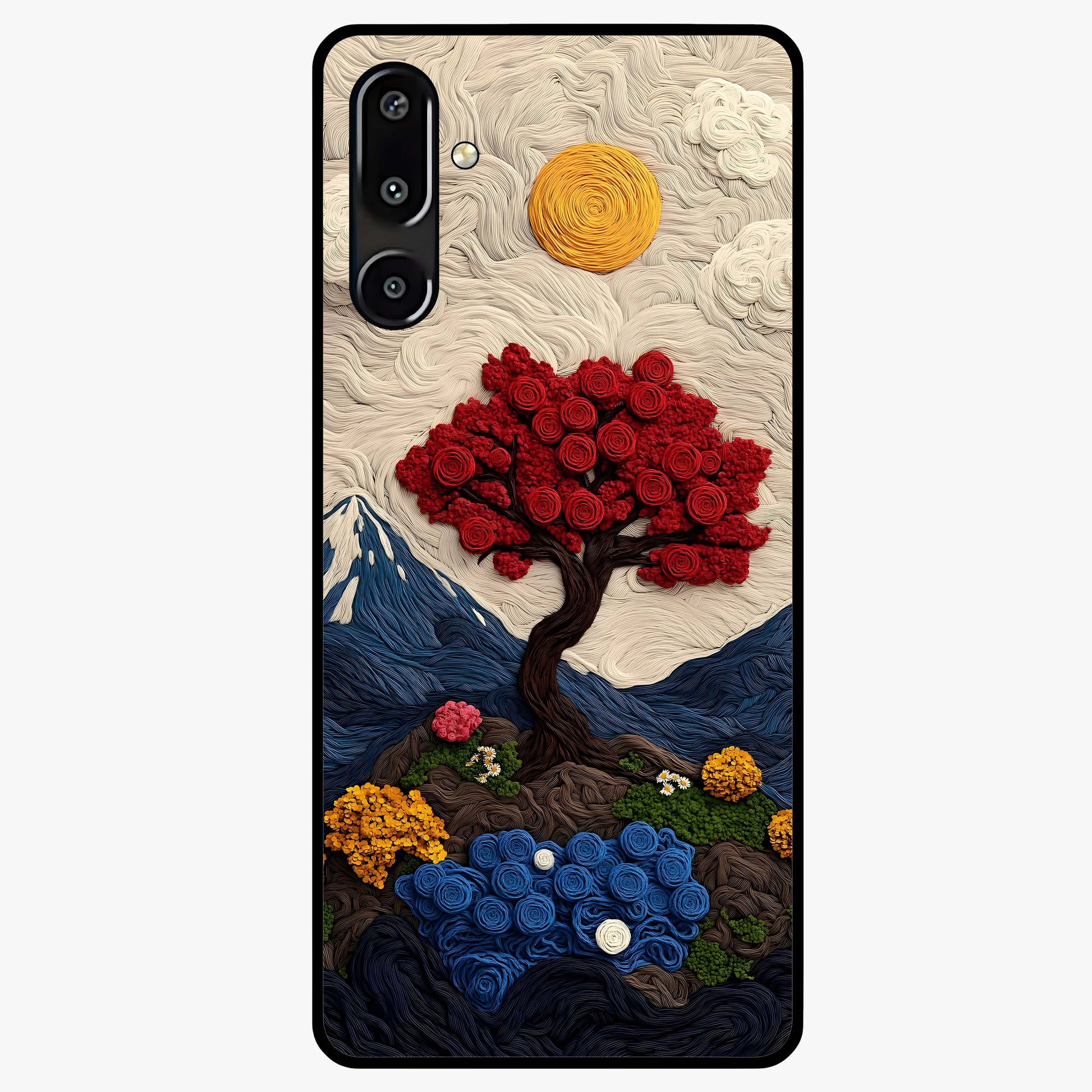 Eternal Nature Tapestry Glass Case showing flat back view with intricate nature tapestry artwork and glossy glass finish.