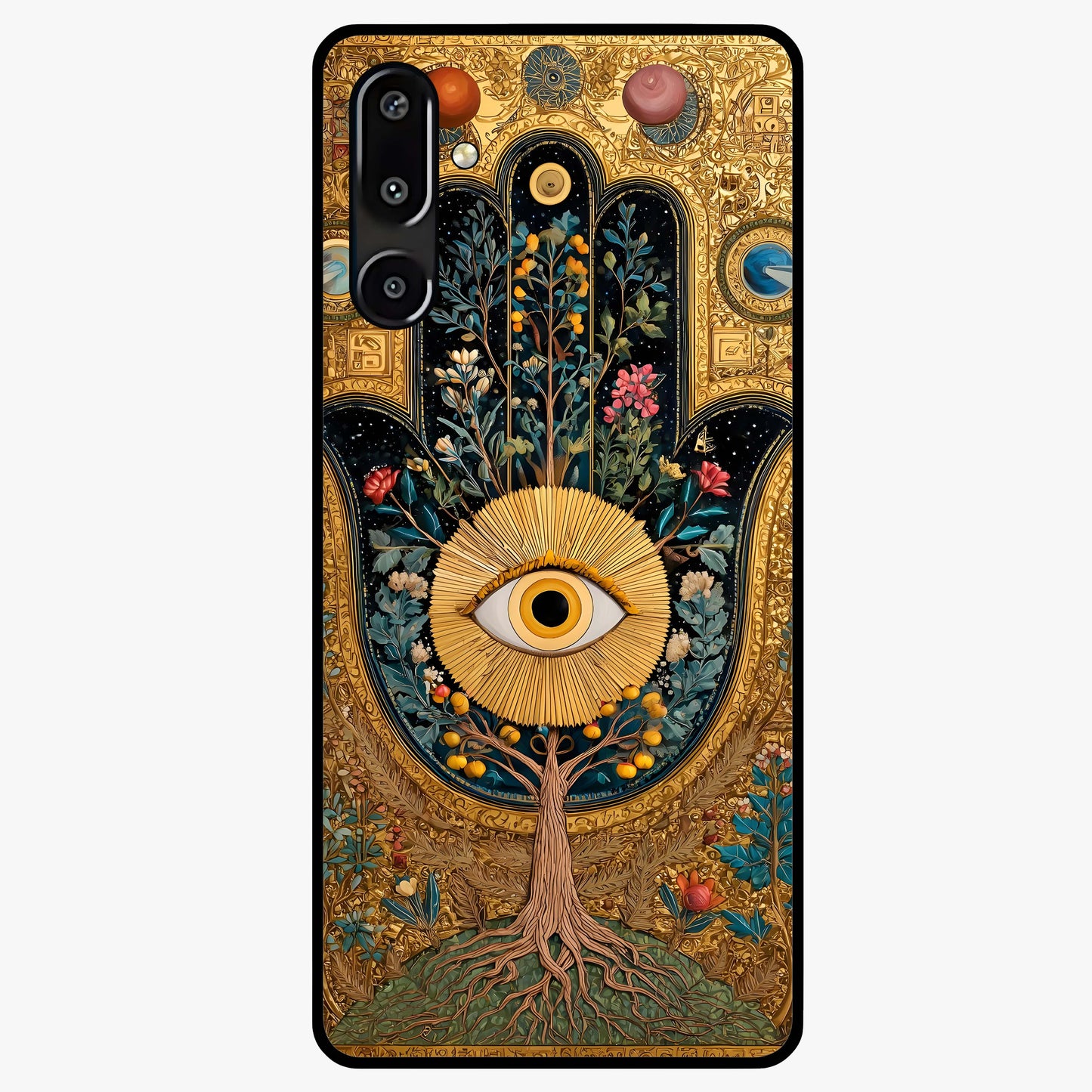 Ethereal Evil Eye Glass Case showing flat back view with mystical evil eye artwork and glossy glass finish.