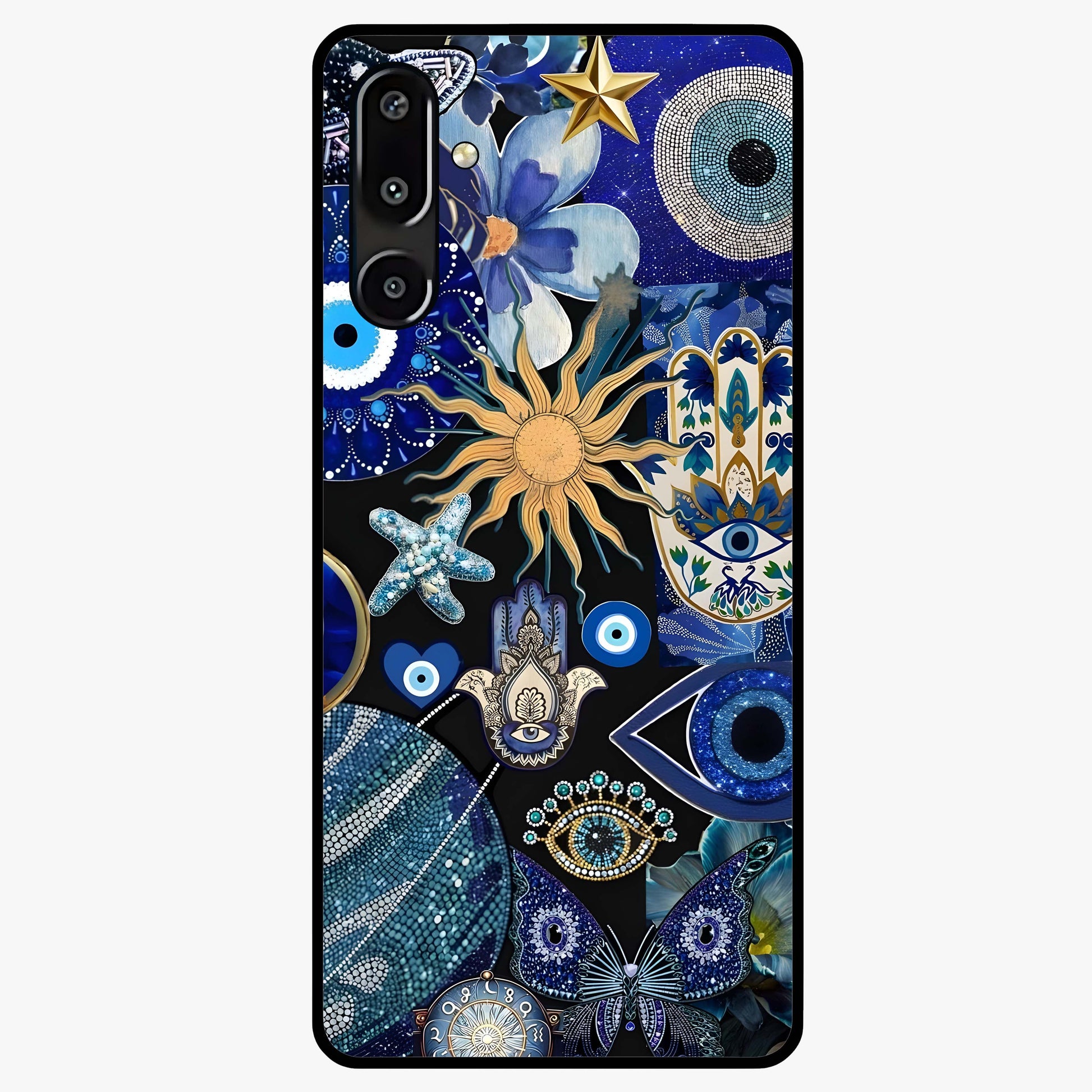Evil Eye Charm Mix Glass Case showing flat back view with multiple evil eye charms artwork and glossy glass finish.