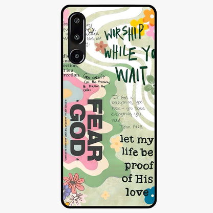 Faith Over Fear Glass Case showing flat back view with motivational typography artwork and glossy glass finish.