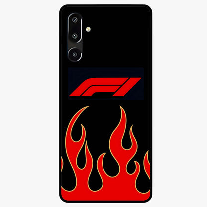 Fire F11 Glass Case showing flat back view with fiery themed artwork and glossy glass finish.
