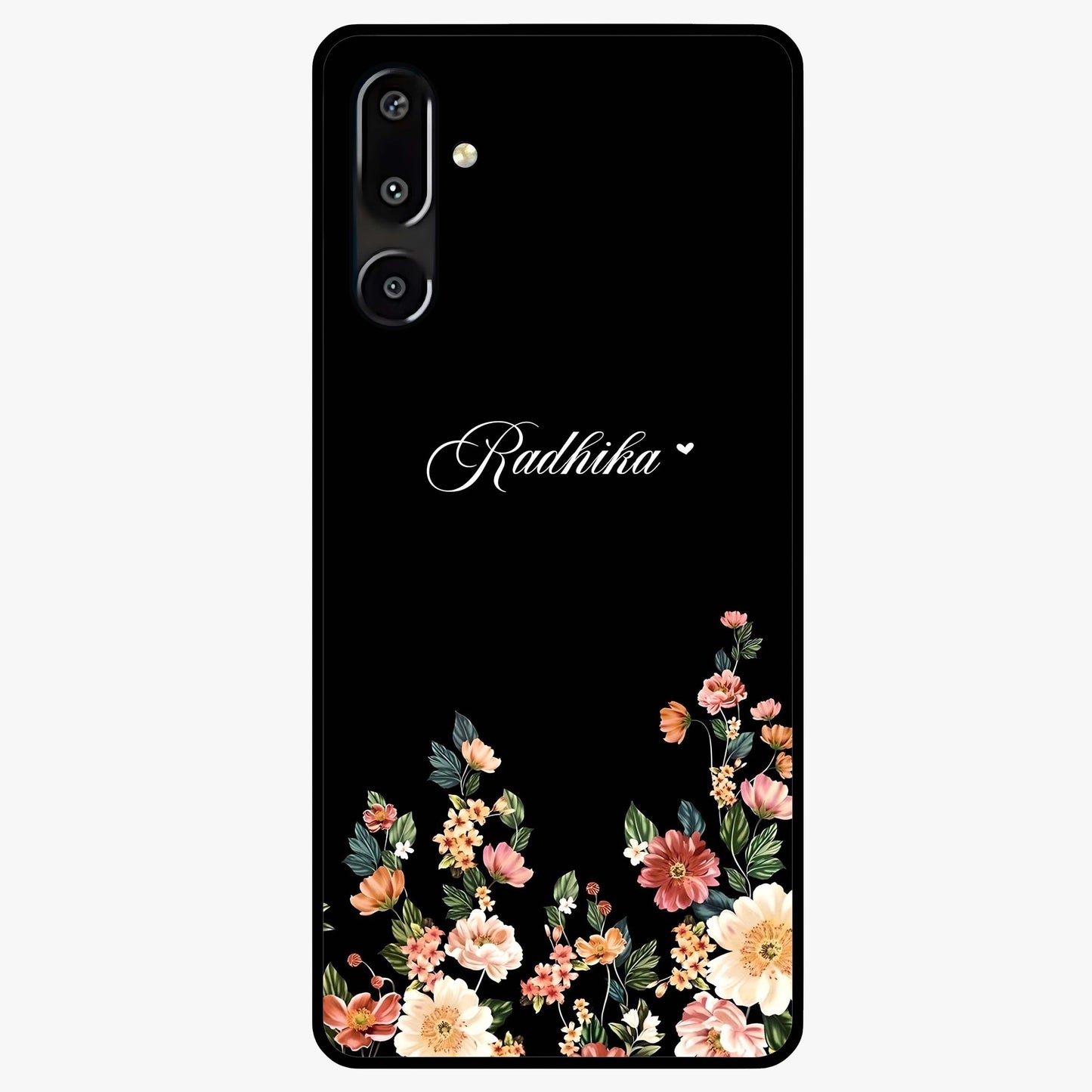 Floral Design With a Custom Personalized Name Glass Case showing flat back view with floral artwork and personalized name design.