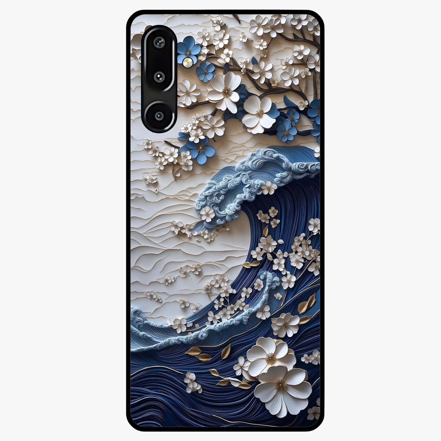 Floral Wave Origami Glass Case showing flat back view with origami inspired floral wave artwork and glossy glass finish.
