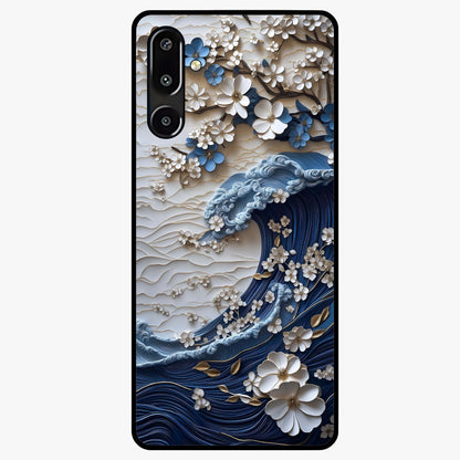 Floral Wave Origami Glass Case showing flat back view with origami inspired floral wave artwork and glossy glass finish.