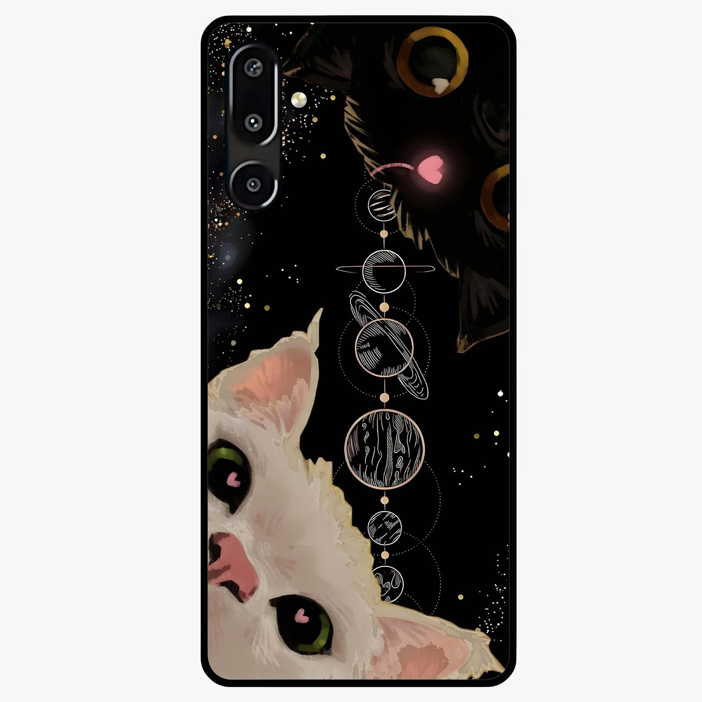 Galactic Cat Glass Case showing flat back view with cosmic cat artwork and glossy glass finish.