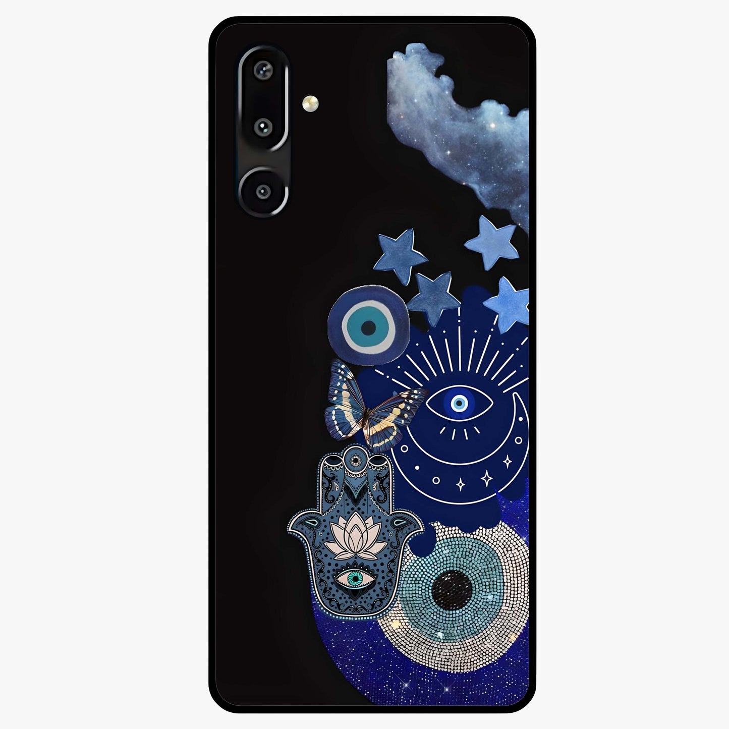 Galactic Charm Cluster Glass Case showing flat back view with glowing celestial charm artwork and glossy glass finish.