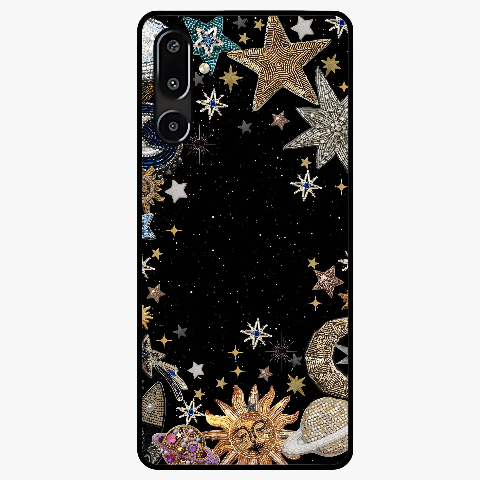 Galactic Jewel Stars Glass Case showing flat back view with sparkling star jewel artwork and glossy glass finish.