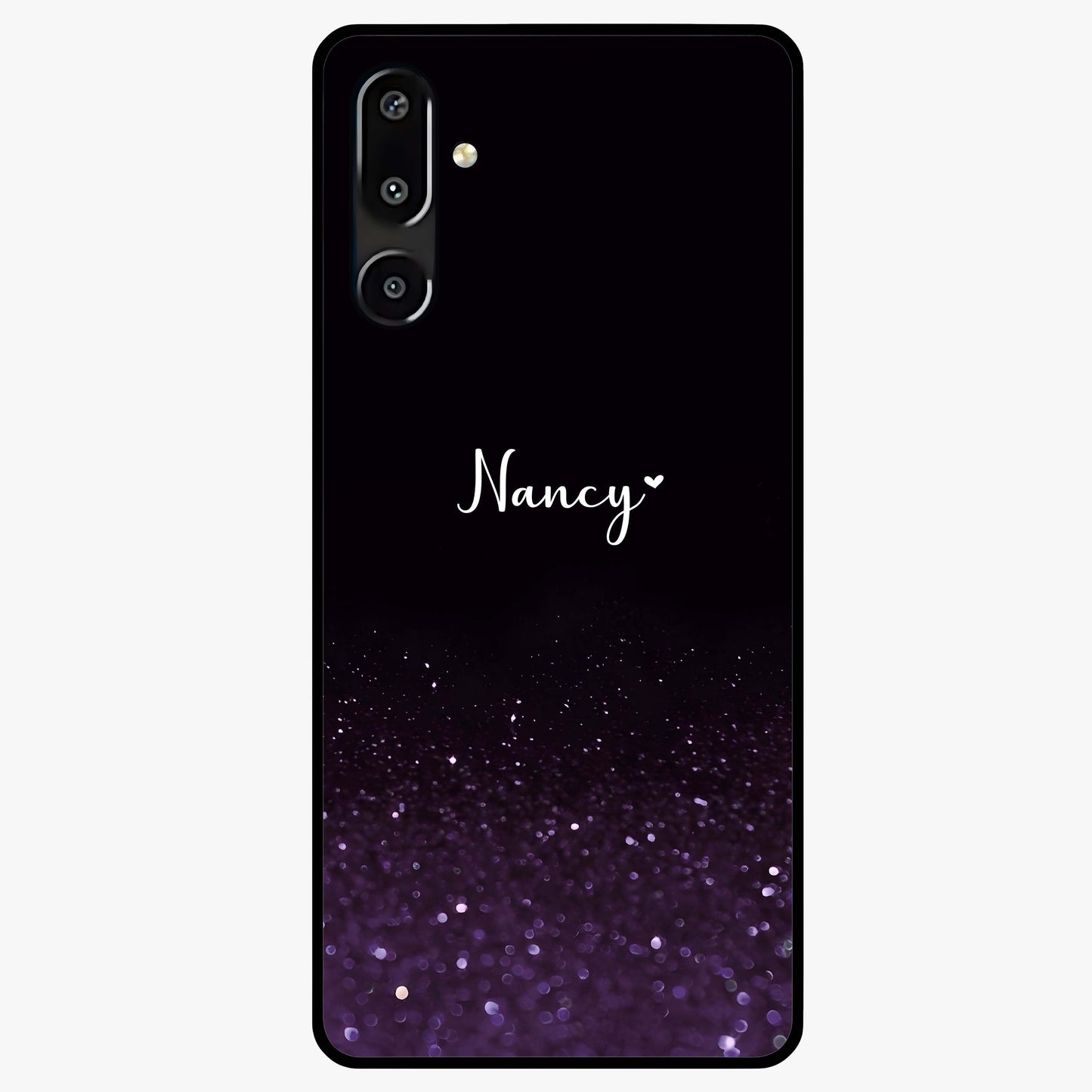 Glittery Purple Bokeh Custom Name Glass Case showing flat back view with purple bokeh sparkle artwork and personalized name design.