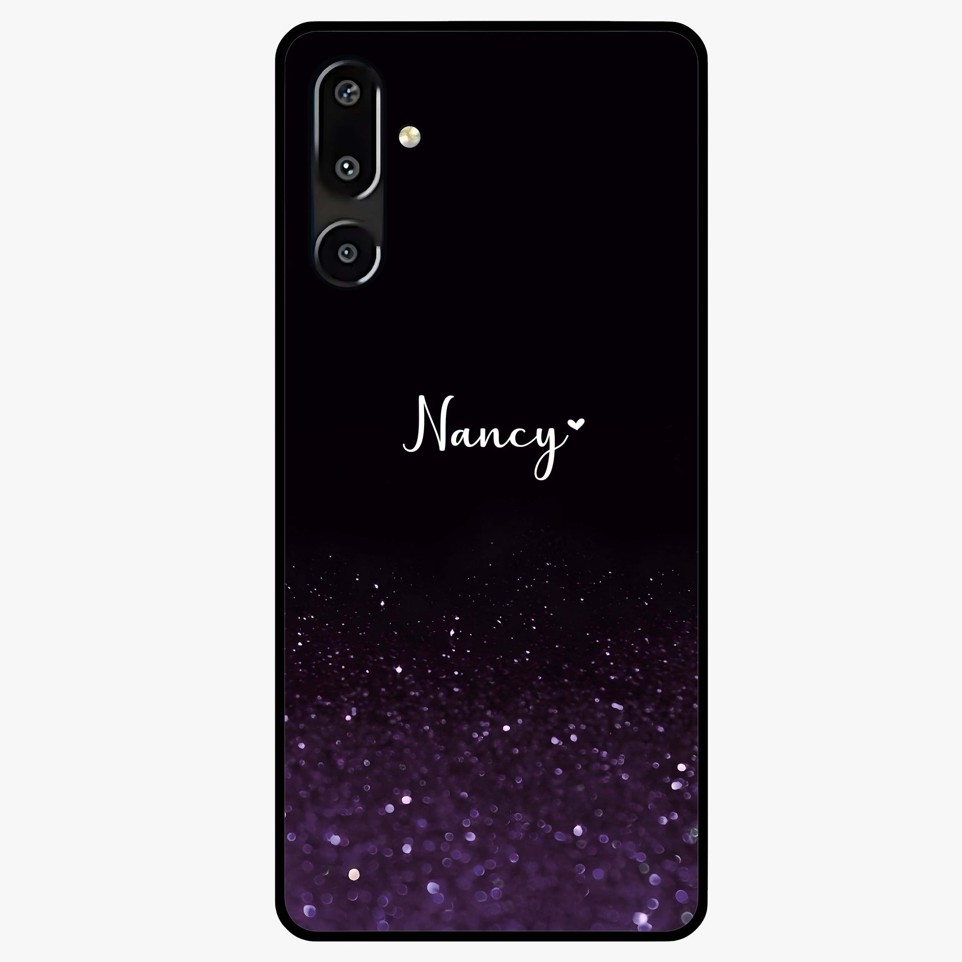 Glittery Purple Bokeh Custom Name Glass Case showing flat back view with purple bokeh sparkle artwork and personalized name design.