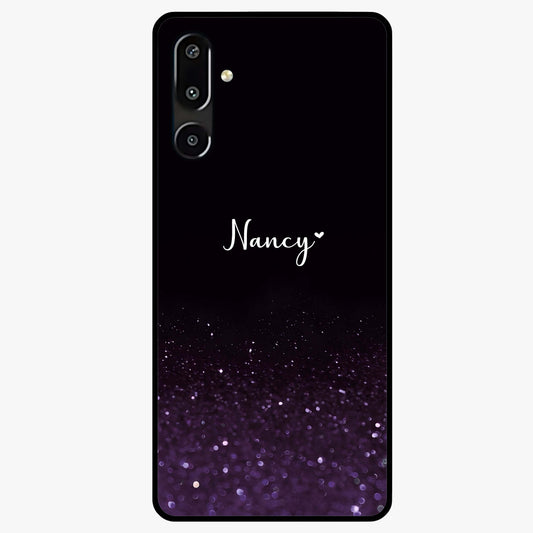 Glittery Purple Bokeh Custom Name Glass Case showing flat back view with purple bokeh sparkle artwork and personalized name design.