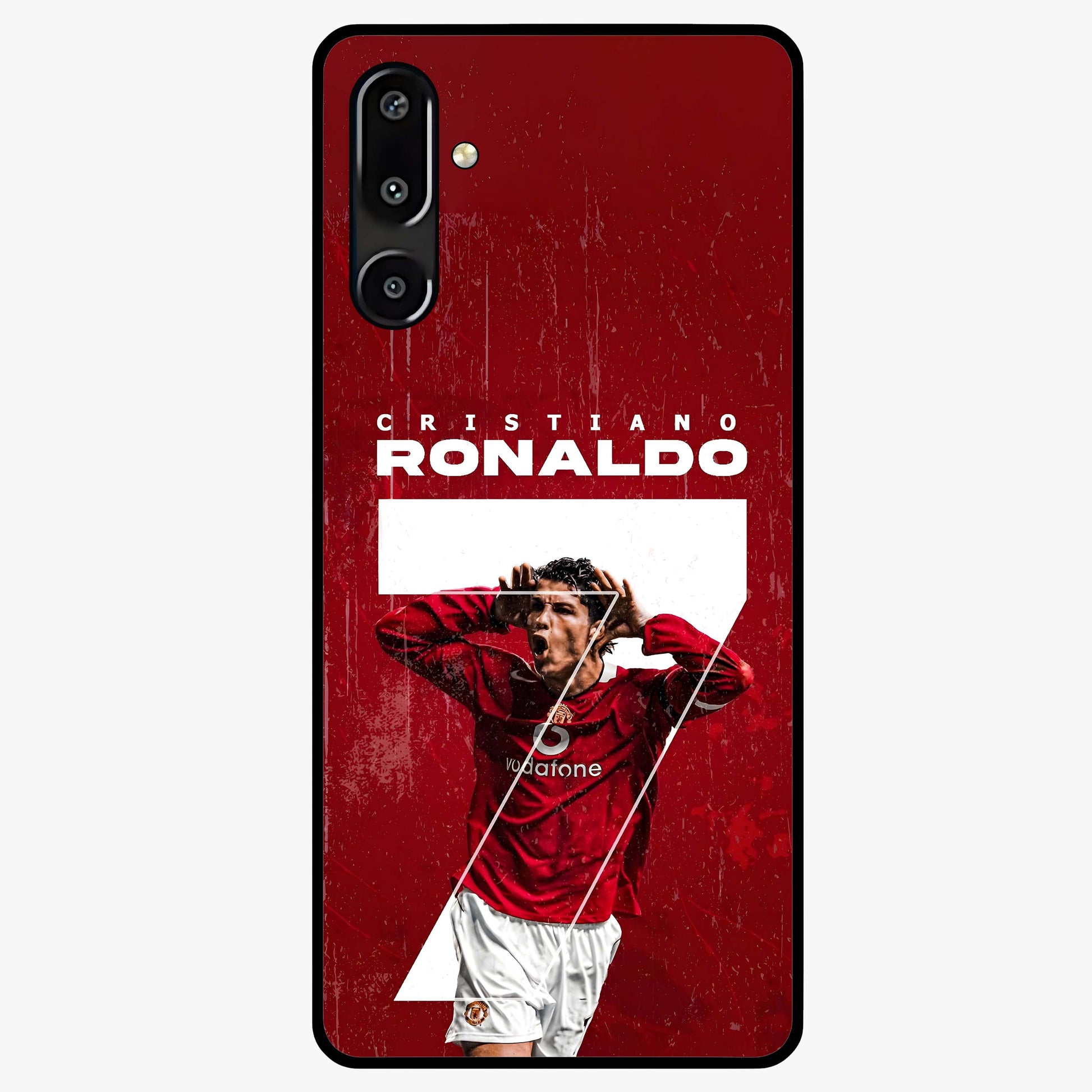 Goal Celebration Legacy Glass Case showing flat back view with football celebration inspired artwork and glossy glass finish.