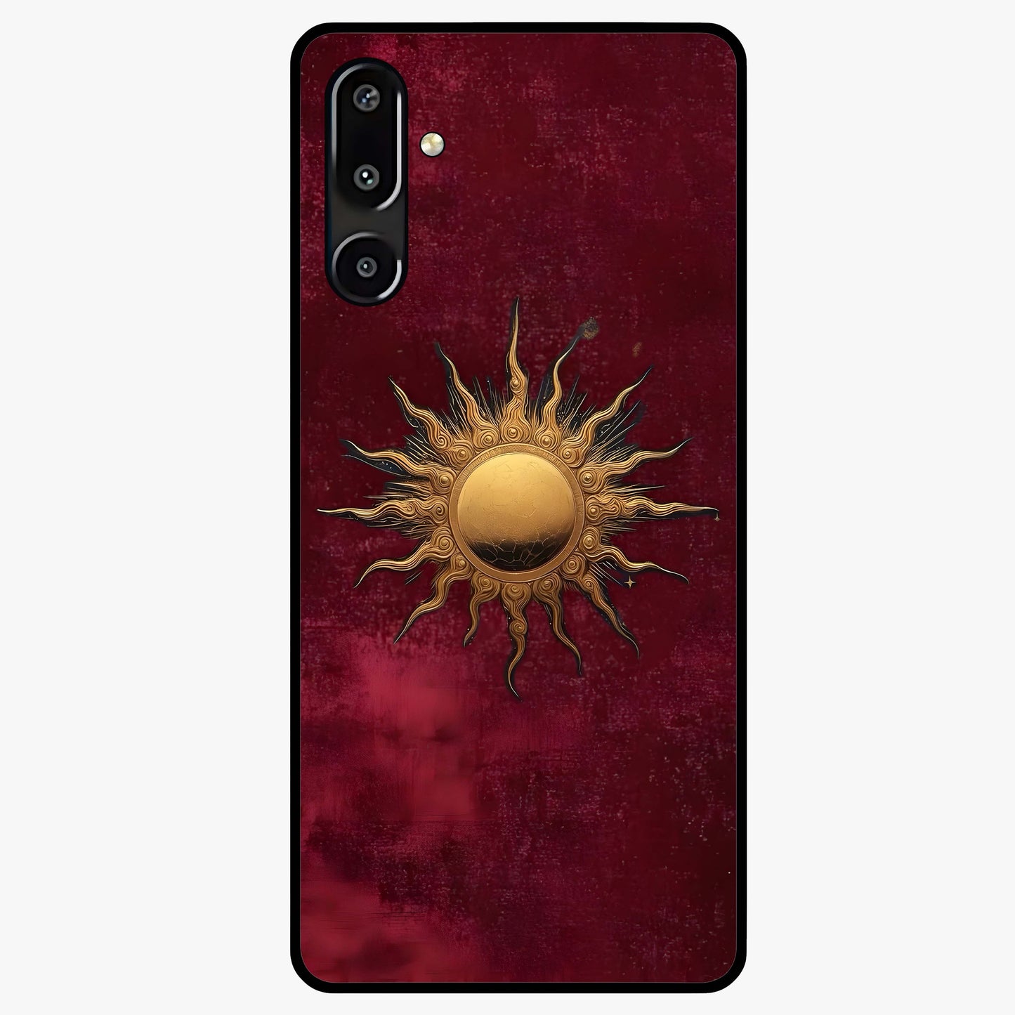 Gold Sun Blush Glass Case showing flat back view with golden sun inspired artwork and glossy glass finish.