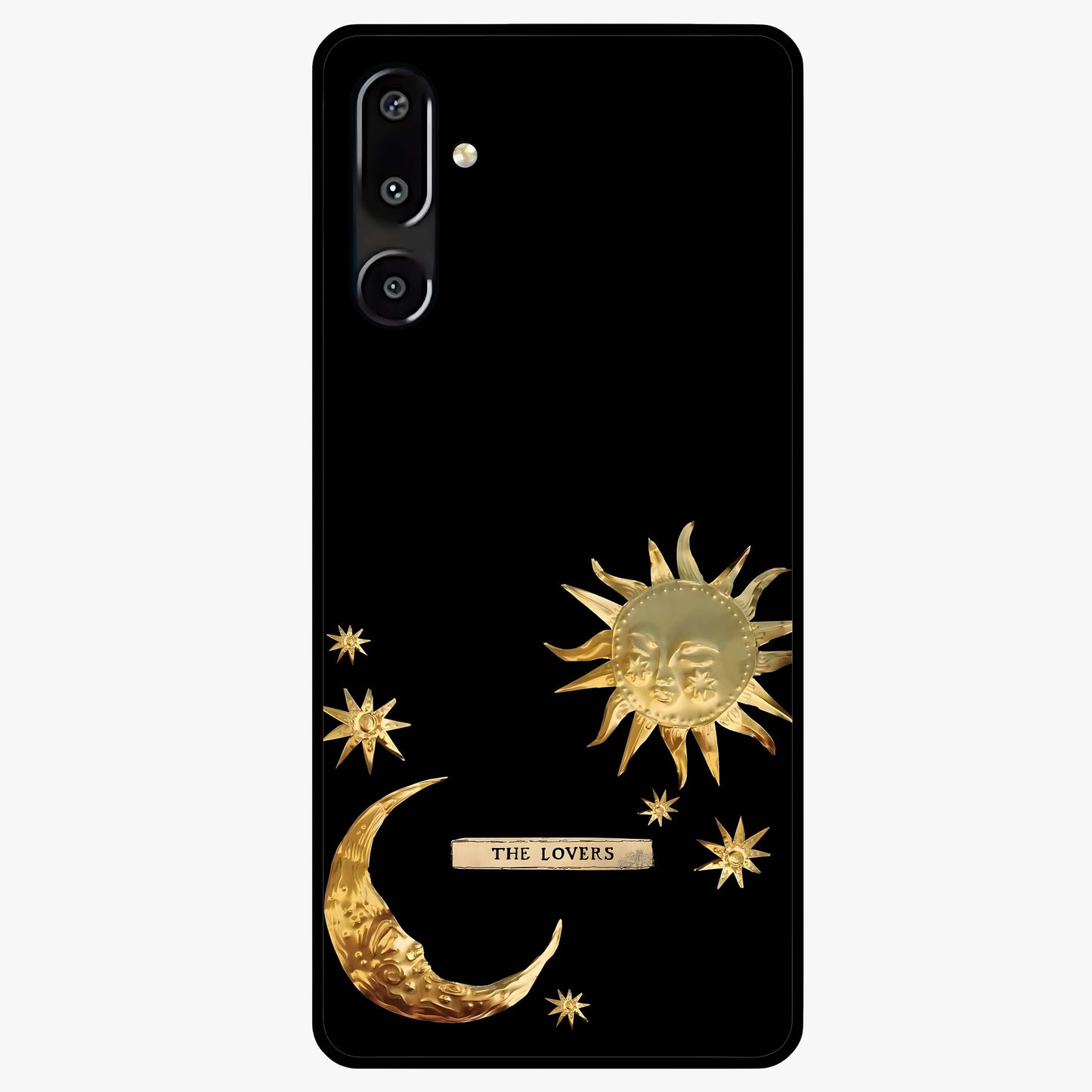 Golden Celestial Charm Glass Case showing flat back view with golden celestial charm artwork and glossy glass finish.