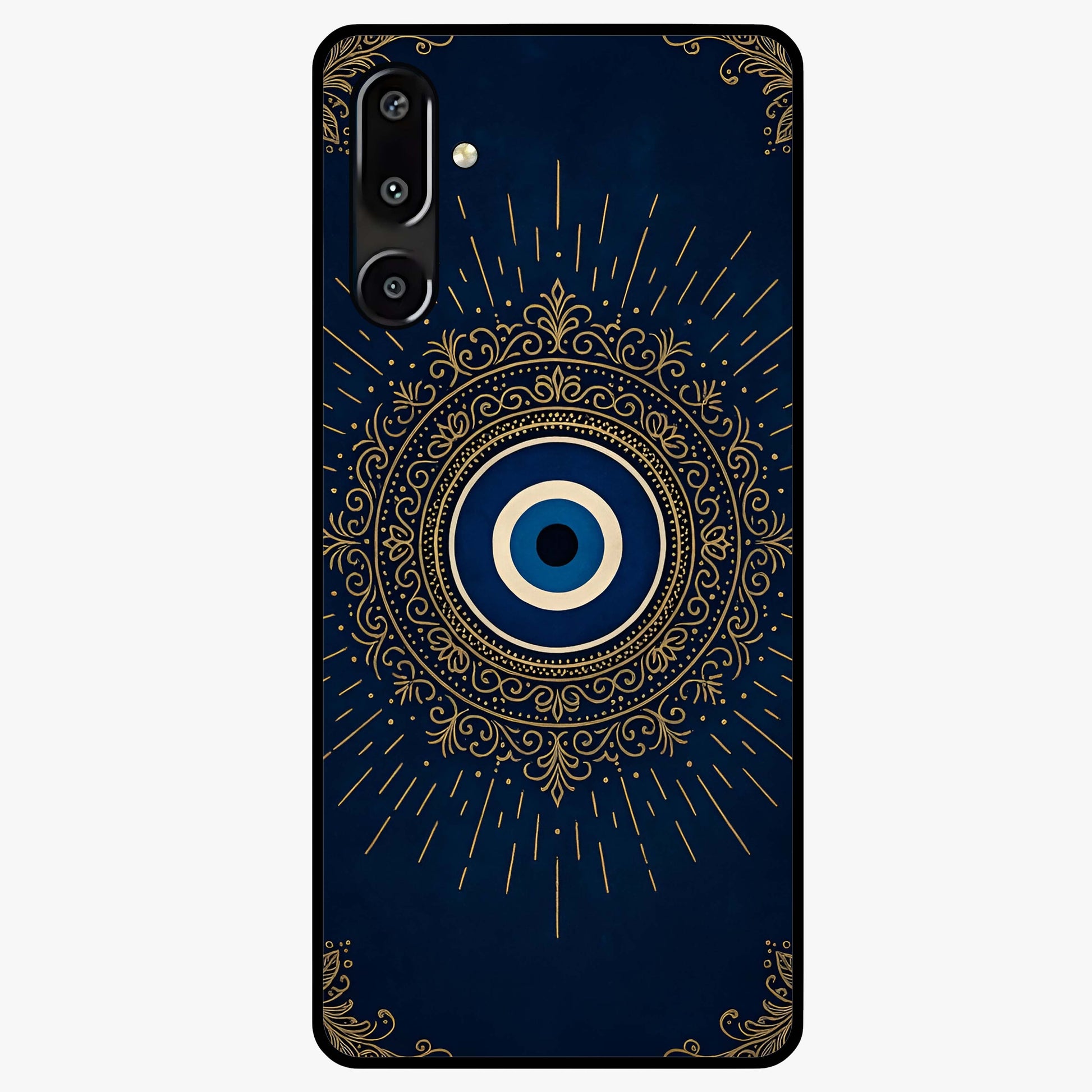 Golden Evil Eye Mandala Glass Case showing flat back view with intricate evil eye mandala artwork and glossy glass finish.