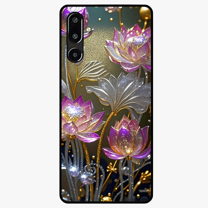 Golden Lotus Glow Glass Case showing flat back view with glowing lotus flower artwork and glossy glass finish.